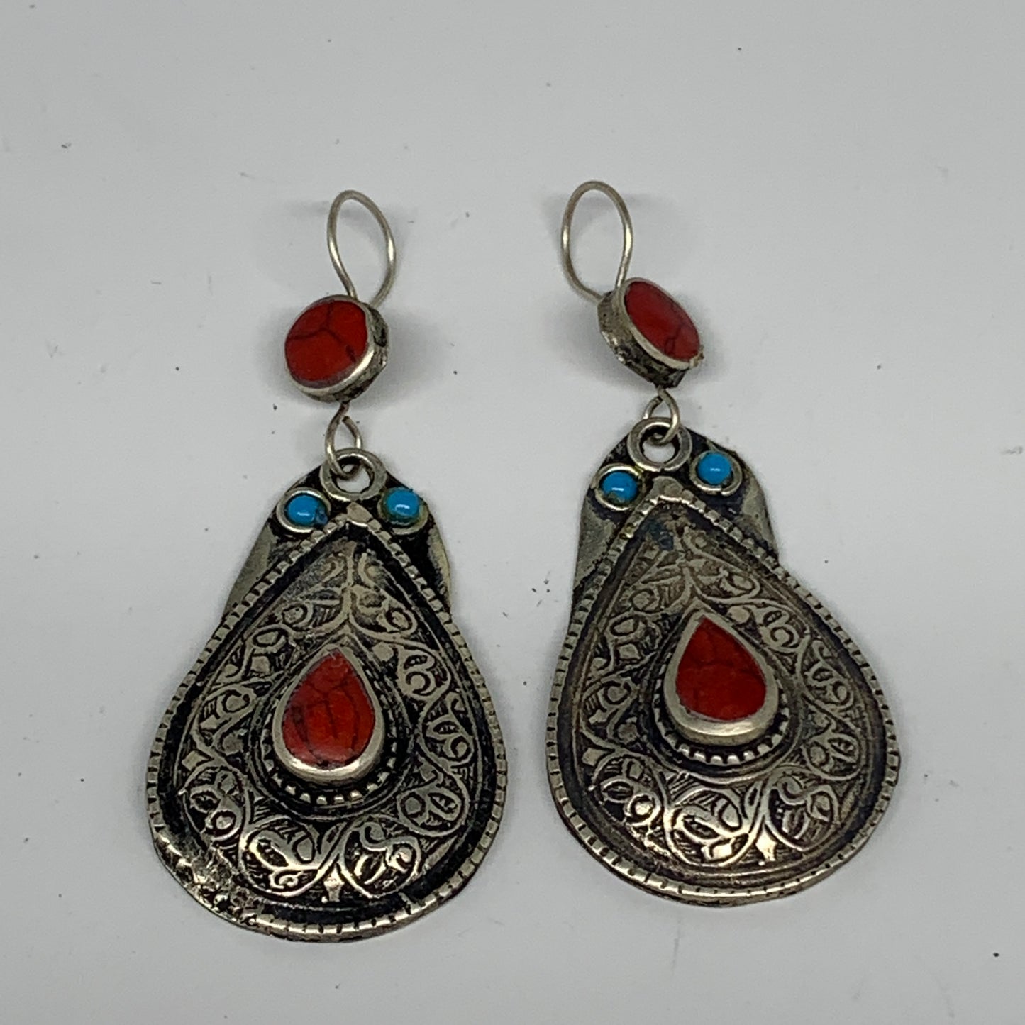 1pc, 2.8"x1.1" Turkmen Earring Tribal Jewelry Red Coral Inlay Teardrop Boho, B14