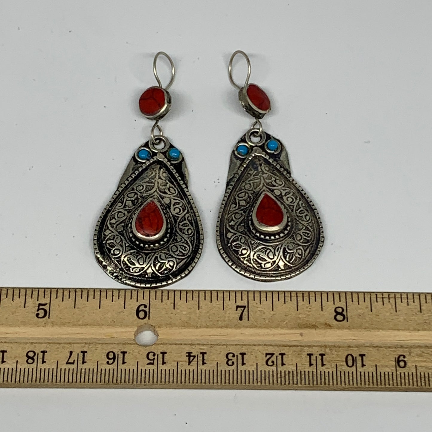 1pc, 2.8"x1.1" Turkmen Earring Tribal Jewelry Red Coral Inlay Teardrop Boho, B14