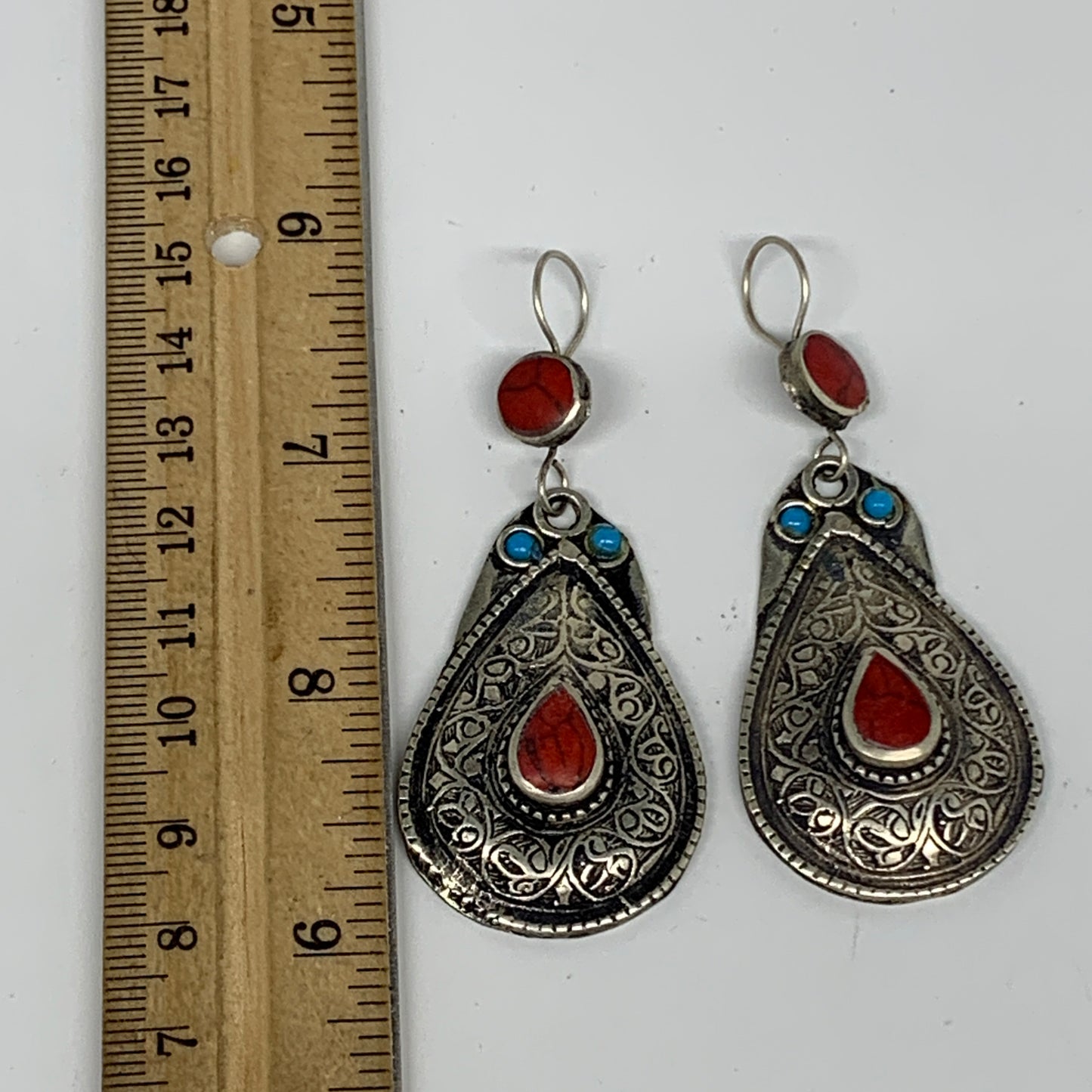 1pc, 2.8"x1.1" Turkmen Earring Tribal Jewelry Red Coral Inlay Teardrop Boho, B14