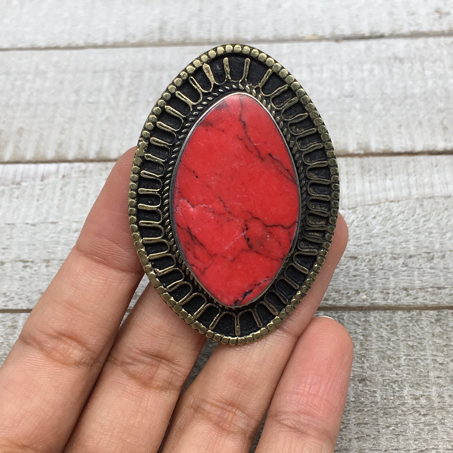 Turkmen Ring Afghan Antique Tribal Oval Red Coral Inlay Kuchi Ring Boho TR105