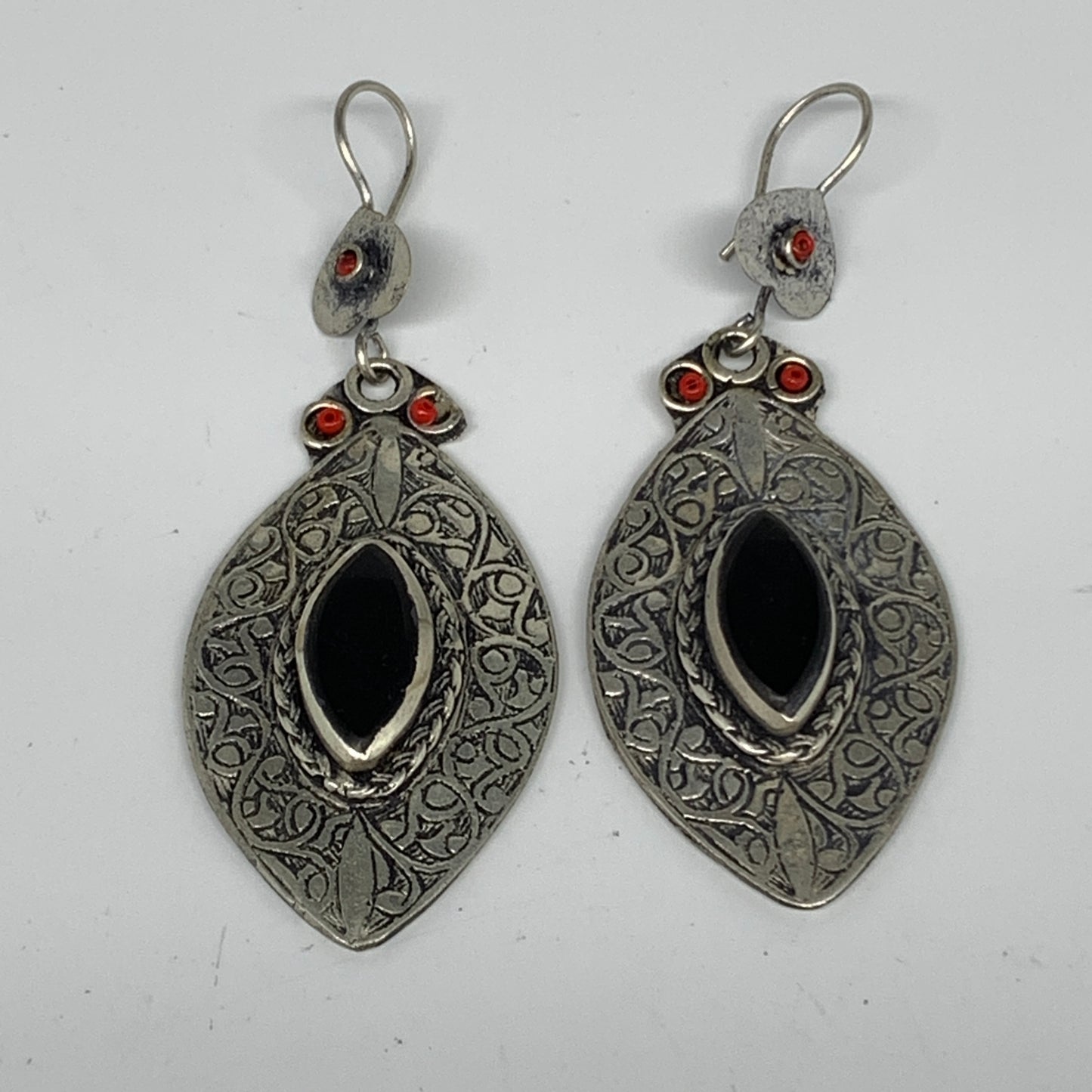 1pc, 3.1"x1.2" Turkmen Earring Tribal Jewelry Black Carnelian Marquise Boho, B14