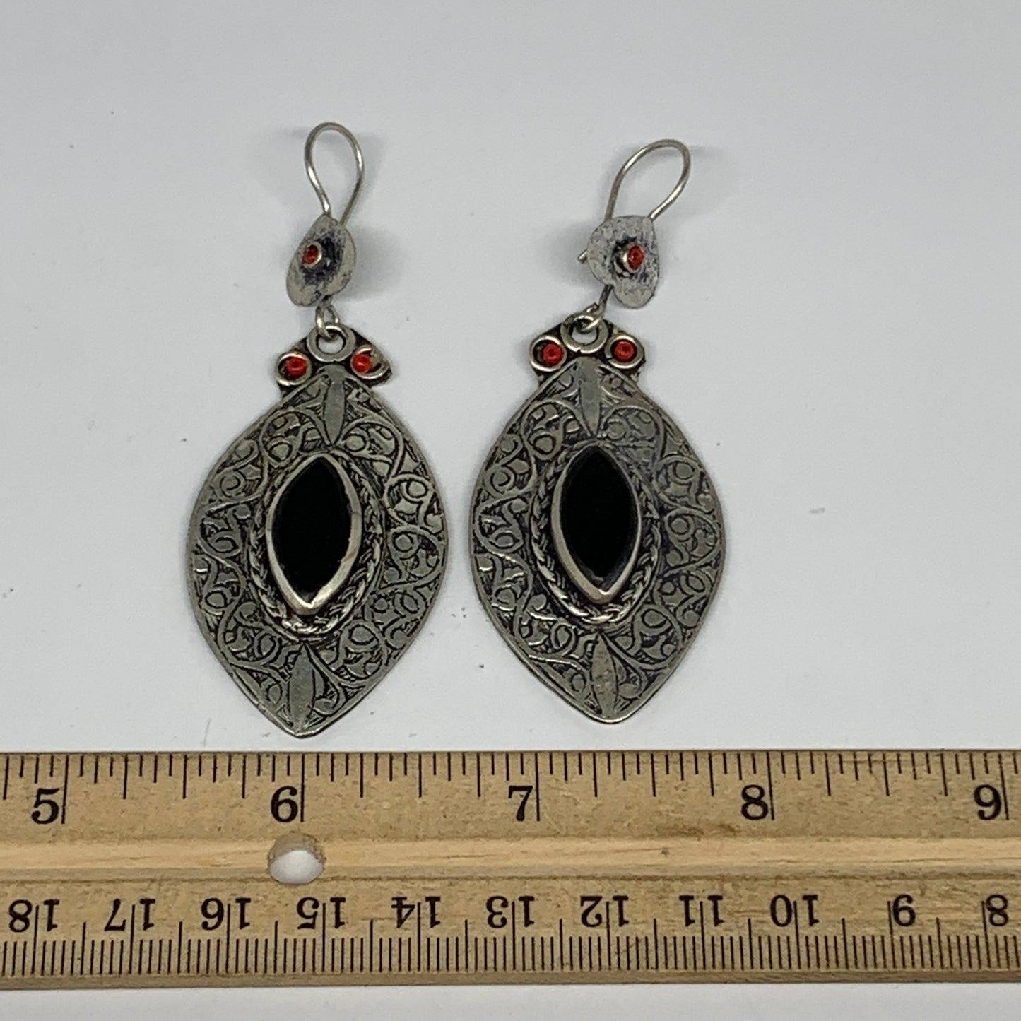 1pc, 3.1"x1.2" Turkmen Earring Tribal Jewelry Black Carnelian Marquise Boho, B14