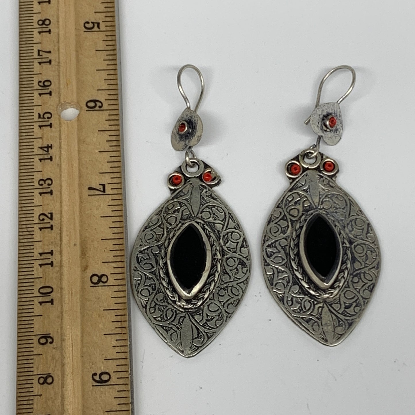 1pc, 3.1"x1.2" Turkmen Earring Tribal Jewelry Black Carnelian Marquise Boho, B14