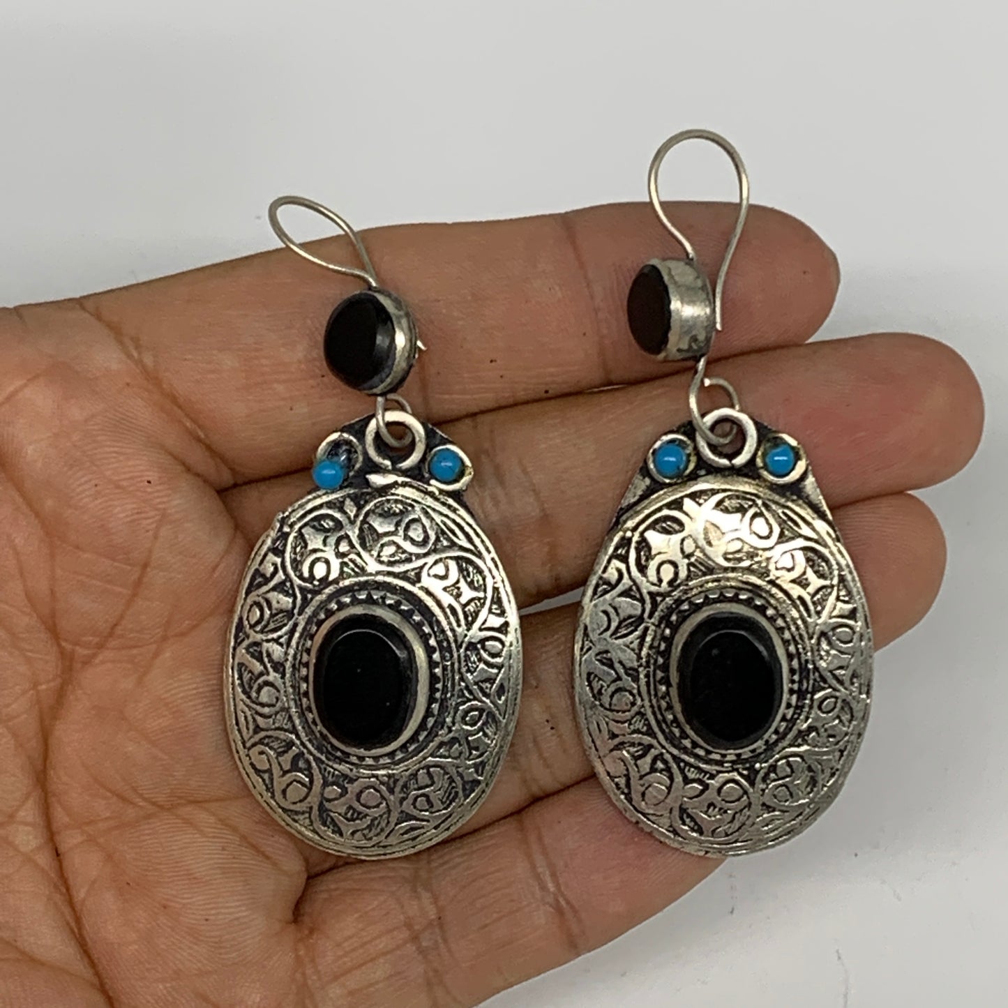 1pc, 2.6"x1.1" Turkmen Earring Tribal Jewelry Black Carnelian Oval Boho, B14260