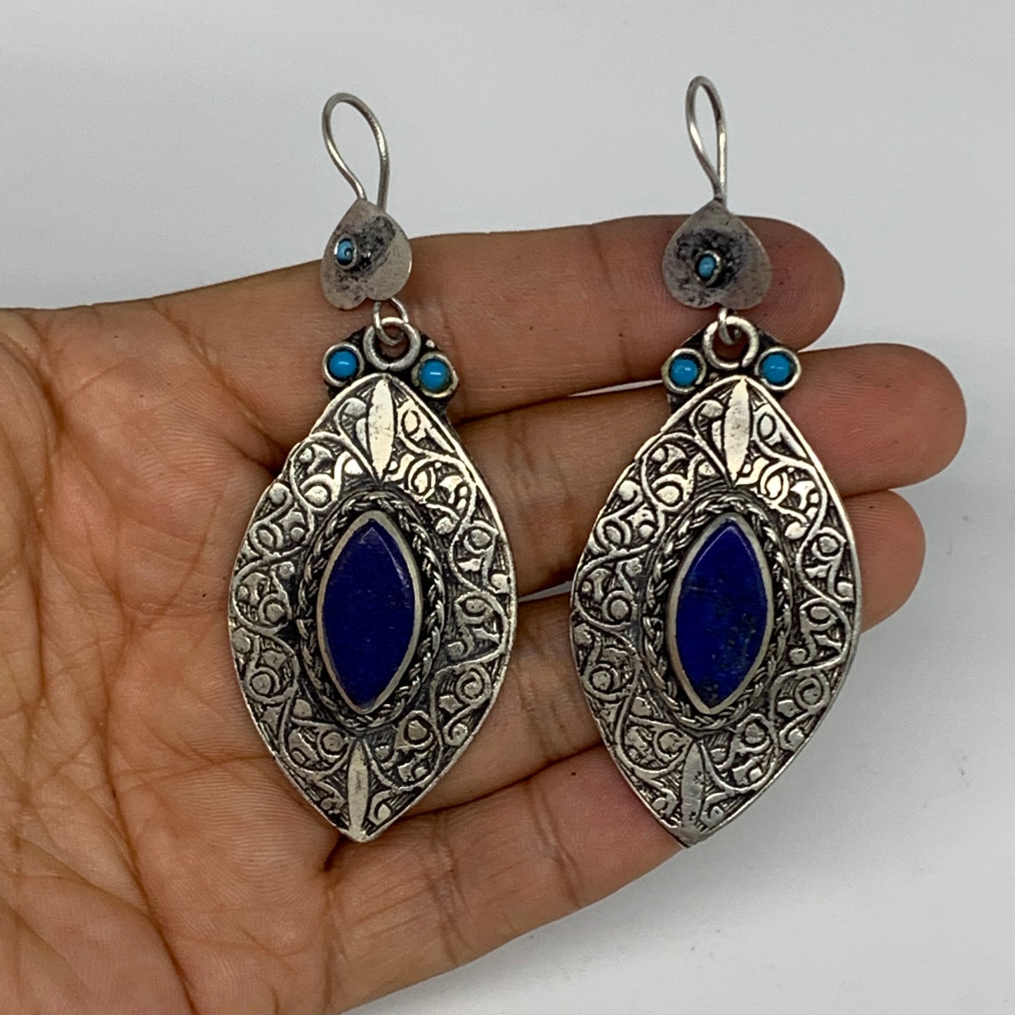 1pc, 3.1"x1.2" Turkmen Earring Tribal Jewelry Lapis Lazuli Marquise Boho, B14254