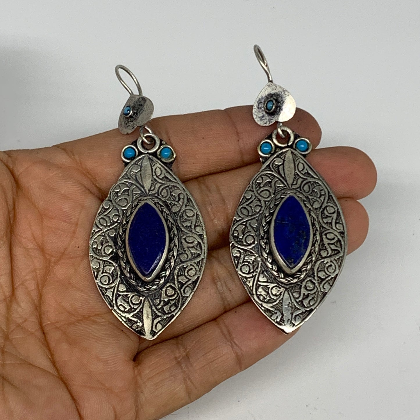 1pc, 3.1"x1.2" Turkmen Earring Tribal Jewelry Lapis Lazuli Marquise Boho, B14254