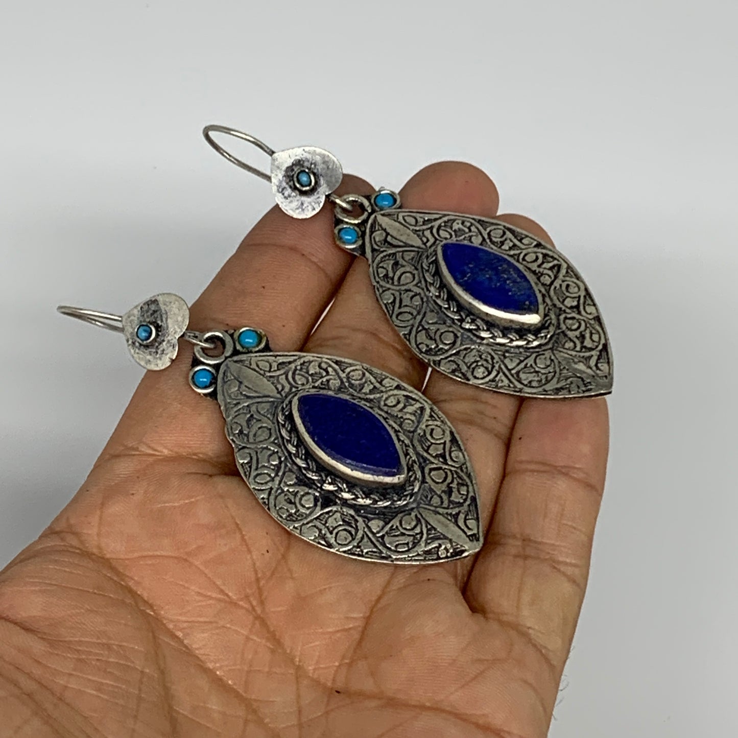 1pc, 3.1"x1.2" Turkmen Earring Tribal Jewelry Lapis Lazuli Marquise Boho, B14254