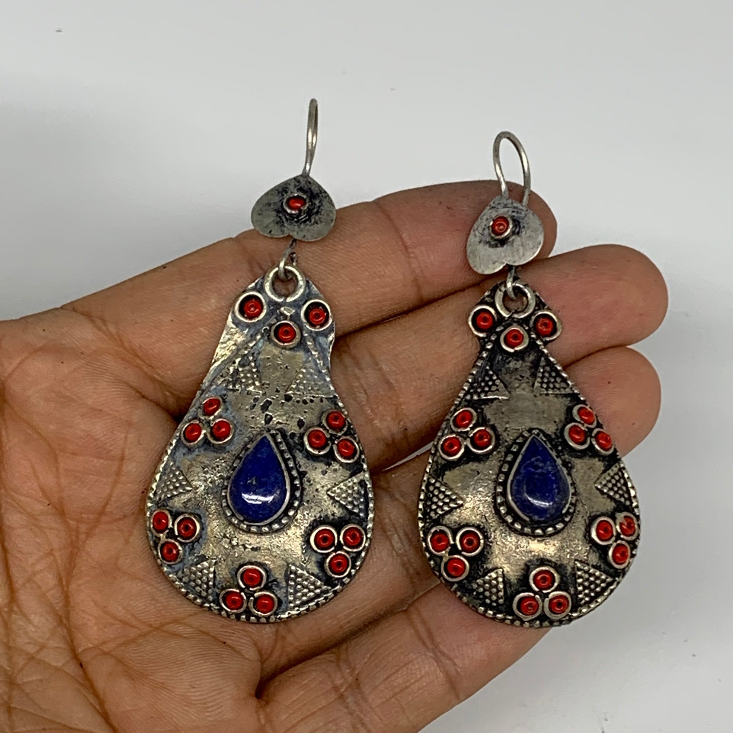 1pc, 2.5"x1.1" Turkmen Earring Tribal Jewelry Lapis Lazuli Teardrop Boho, B14252