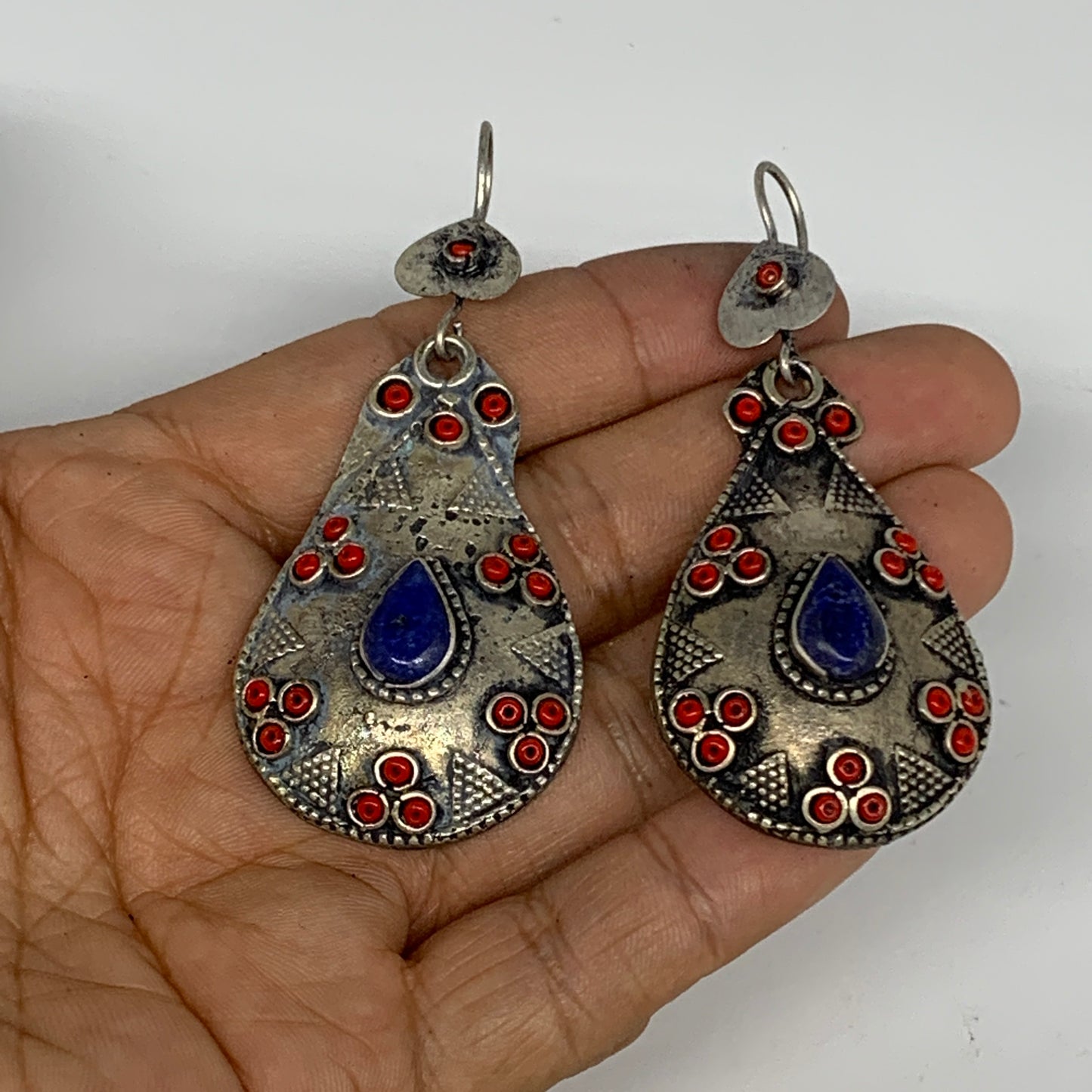 1pc, 2.5"x1.1" Turkmen Earring Tribal Jewelry Lapis Lazuli Teardrop Boho, B14252