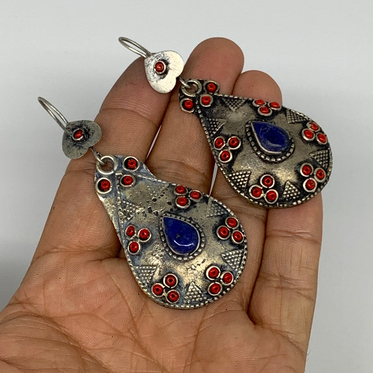 1pc, 2.5"x1.1" Turkmen Earring Tribal Jewelry Lapis Lazuli Teardrop Boho, B14252