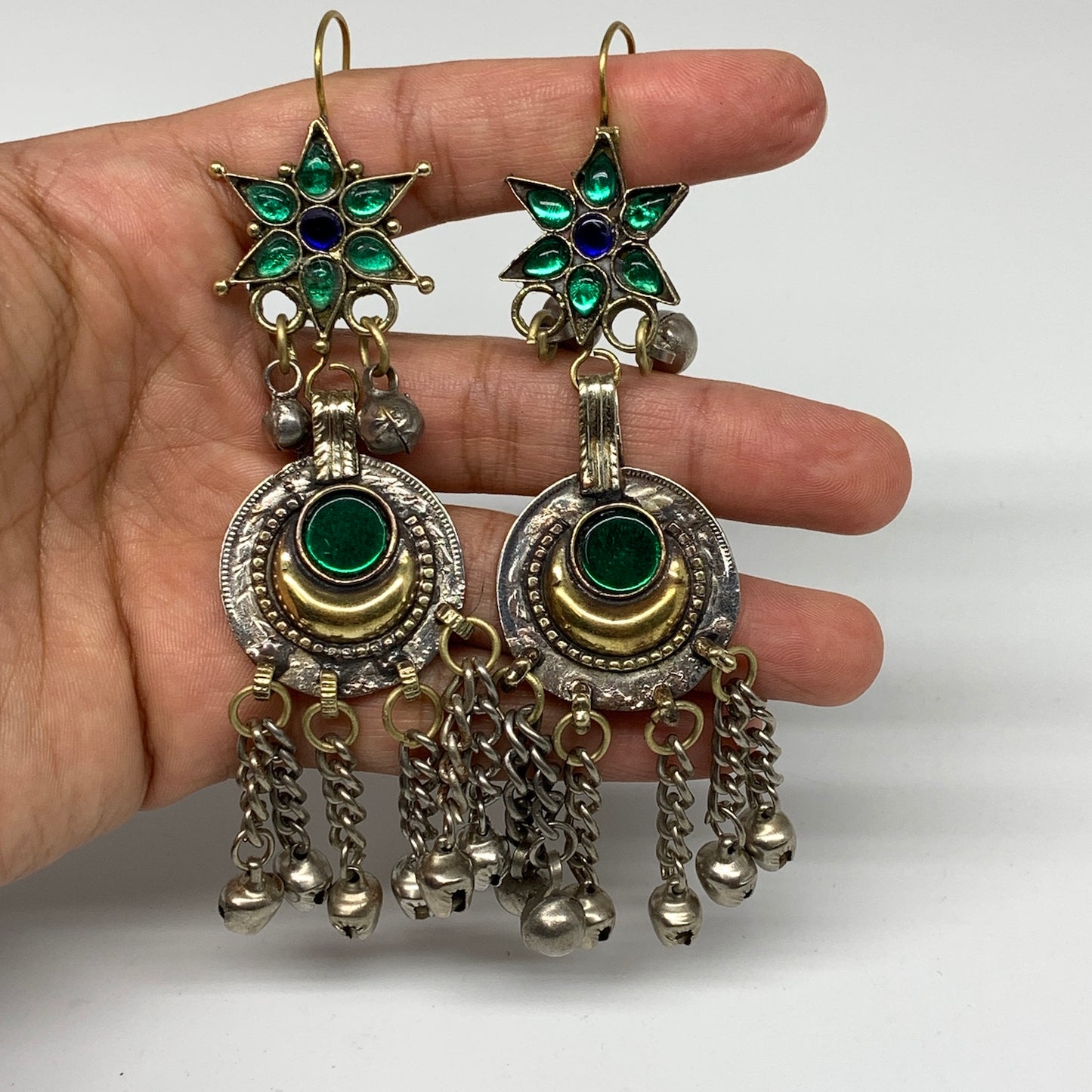 Kuchi Earring Afghan Ethnic Tribal Jingle Bells Green Glass Star, Round  Earring