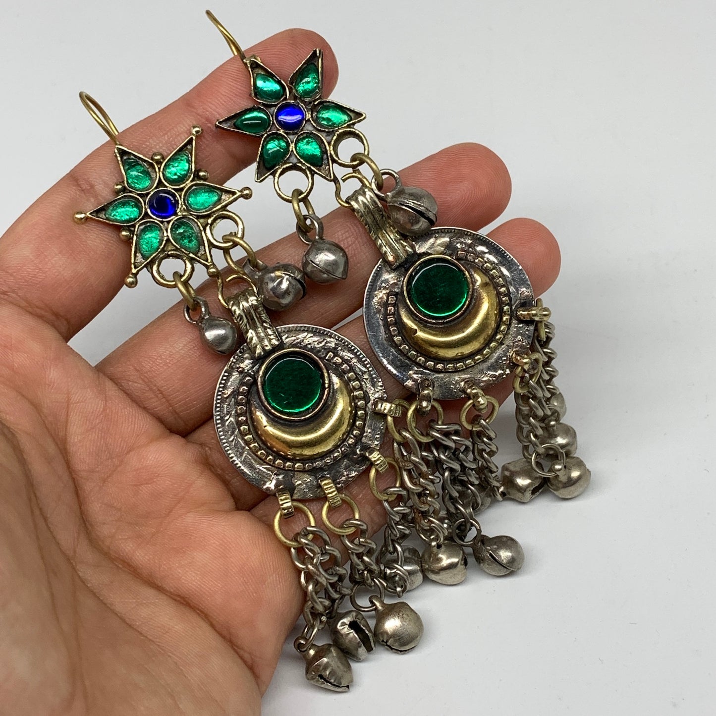 Kuchi Earring Afghan Ethnic Tribal Jingle Bells Green Glass Star, Round  Earring