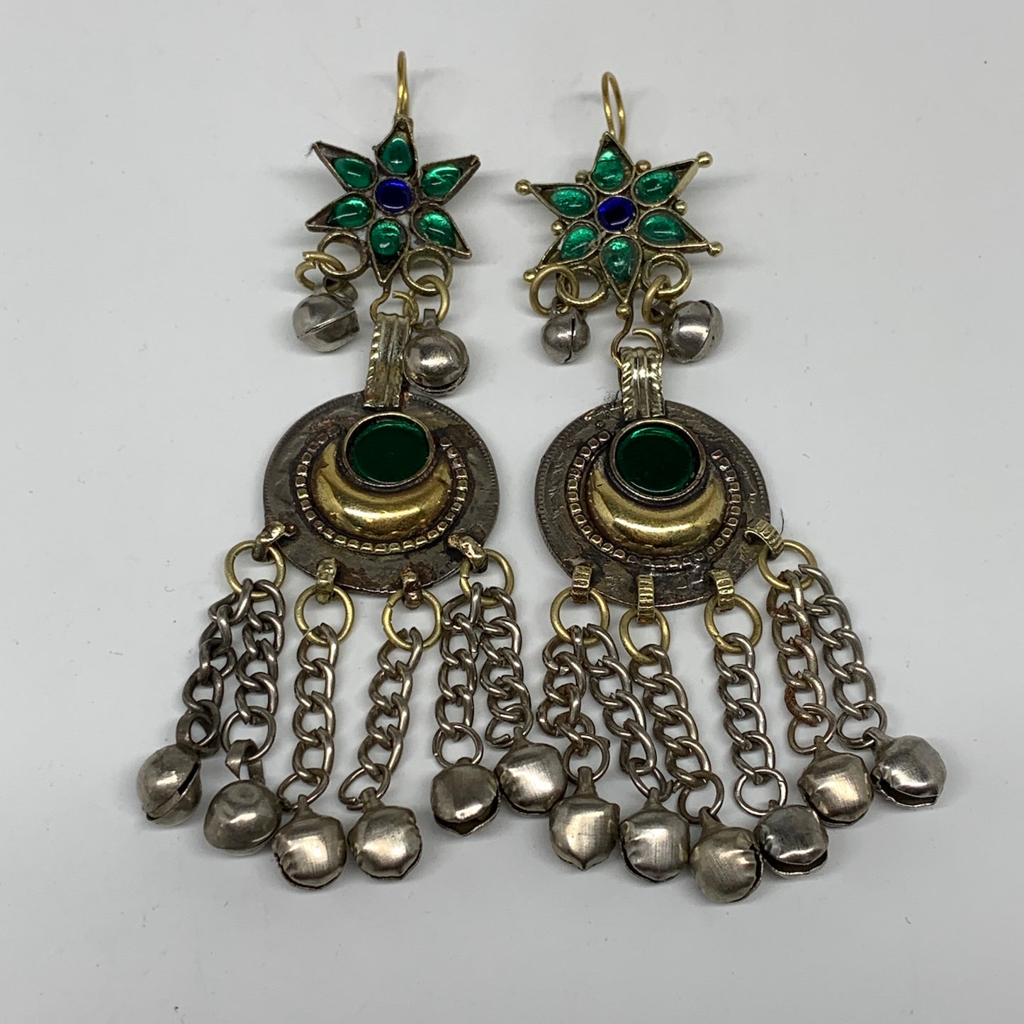 Kuchi Earring Afghan Ethnic Tribal Jingle Bells Green Glass Star, Round  Earring