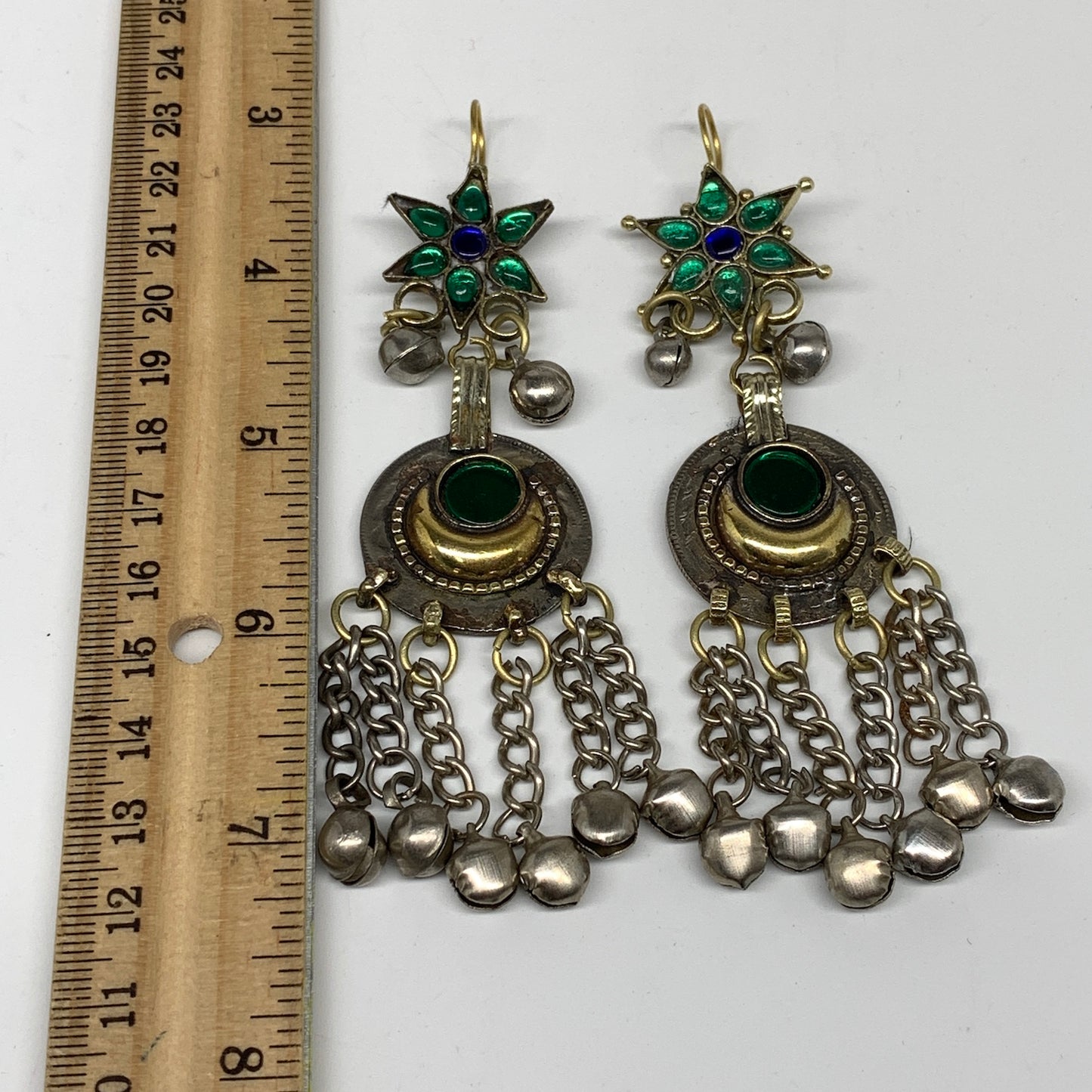 Kuchi Earring Afghan Ethnic Tribal Jingle Bells Green Glass Star, Round  Earring