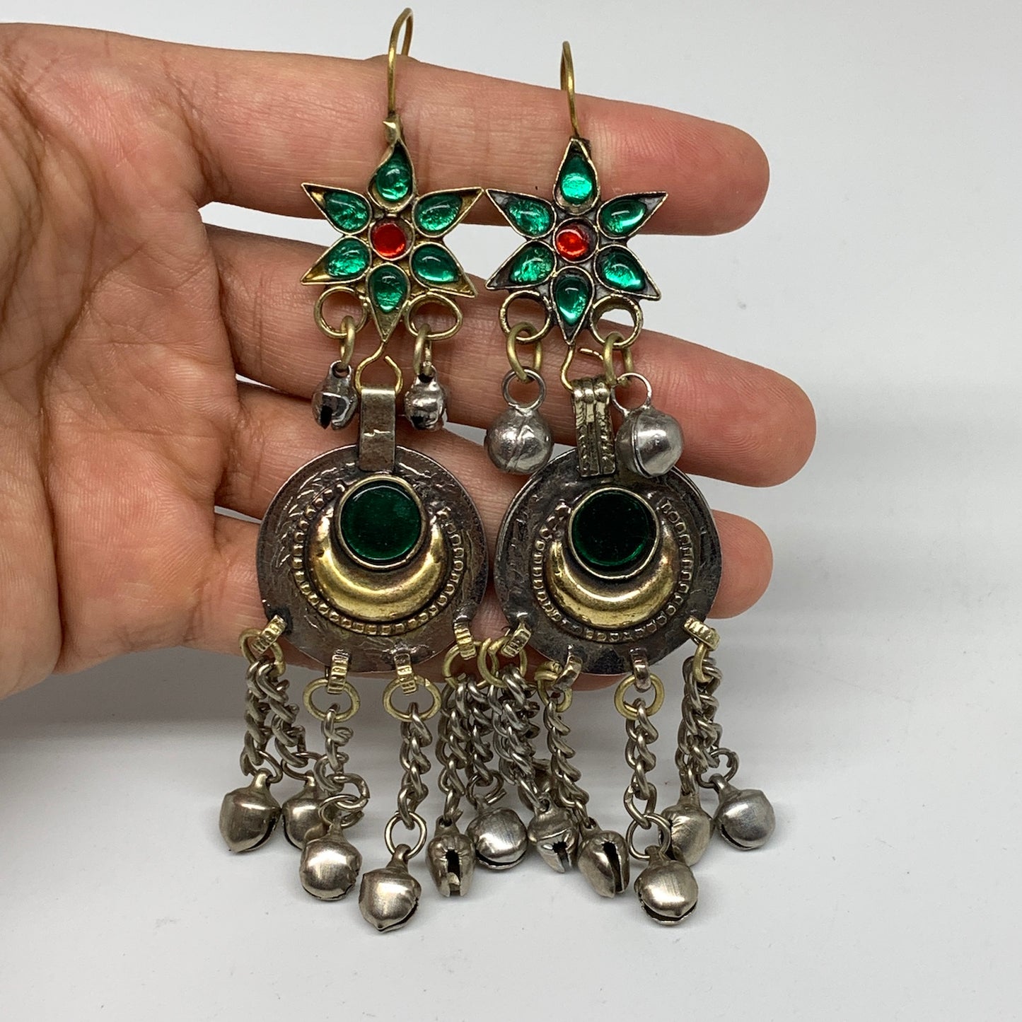 Kuchi Earring Afghan Ethnic Tribal Jingle Bells Green Glass Star, Round  Earring