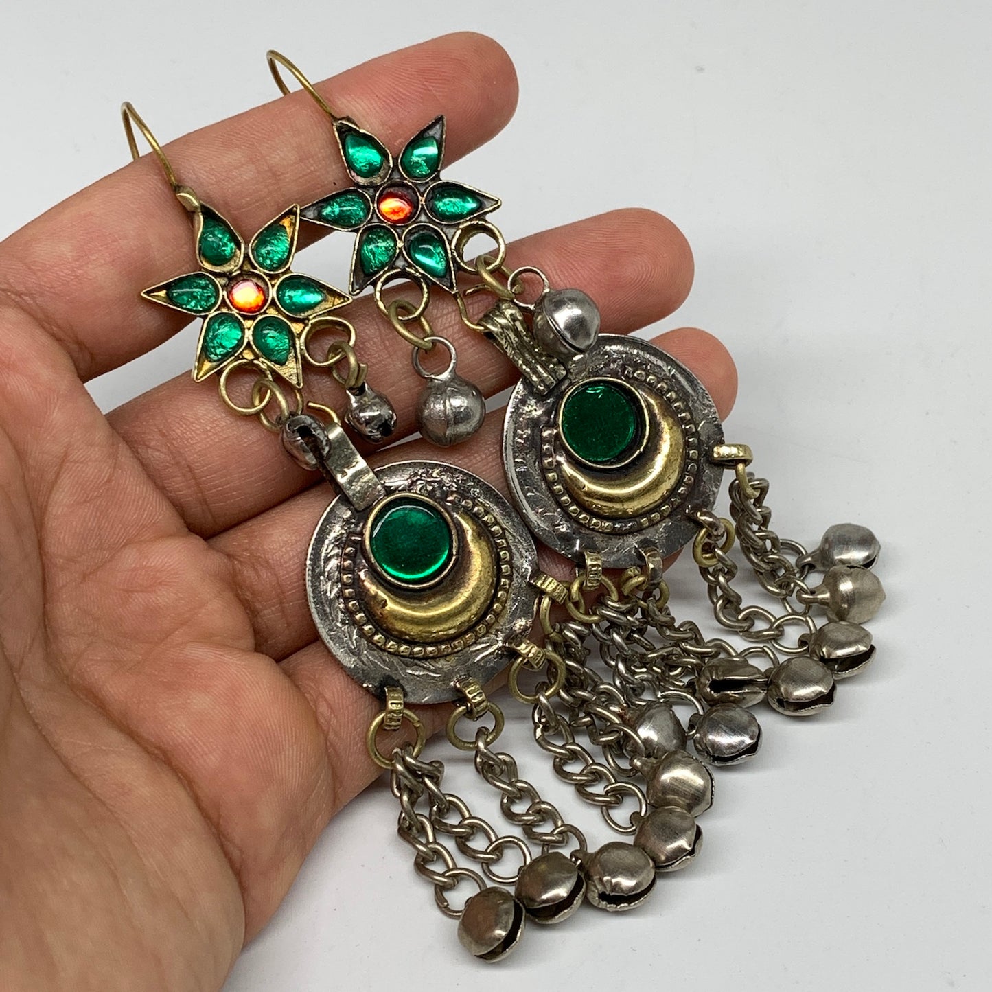 Kuchi Earring Afghan Ethnic Tribal Jingle Bells Green Glass Star, Round  Earring