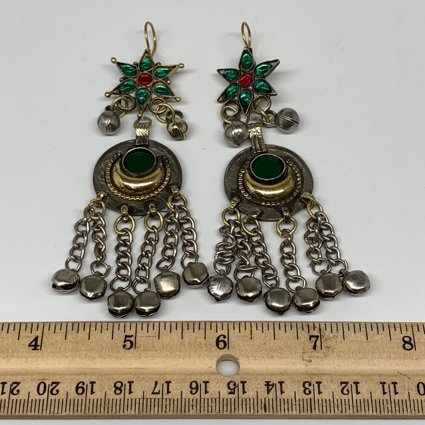 Kuchi Earring Afghan Ethnic Tribal Jingle Bells Green Glass Star, Round  Earring