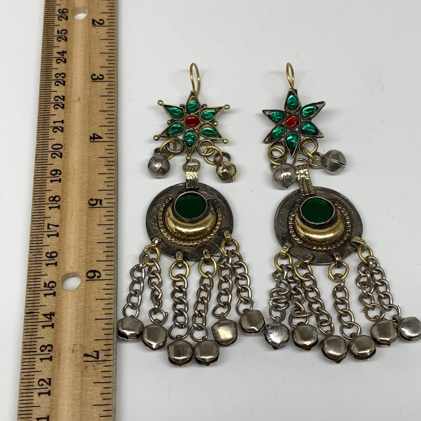 Kuchi Earring Afghan Ethnic Tribal Jingle Bells Green Glass Star, Round  Earring