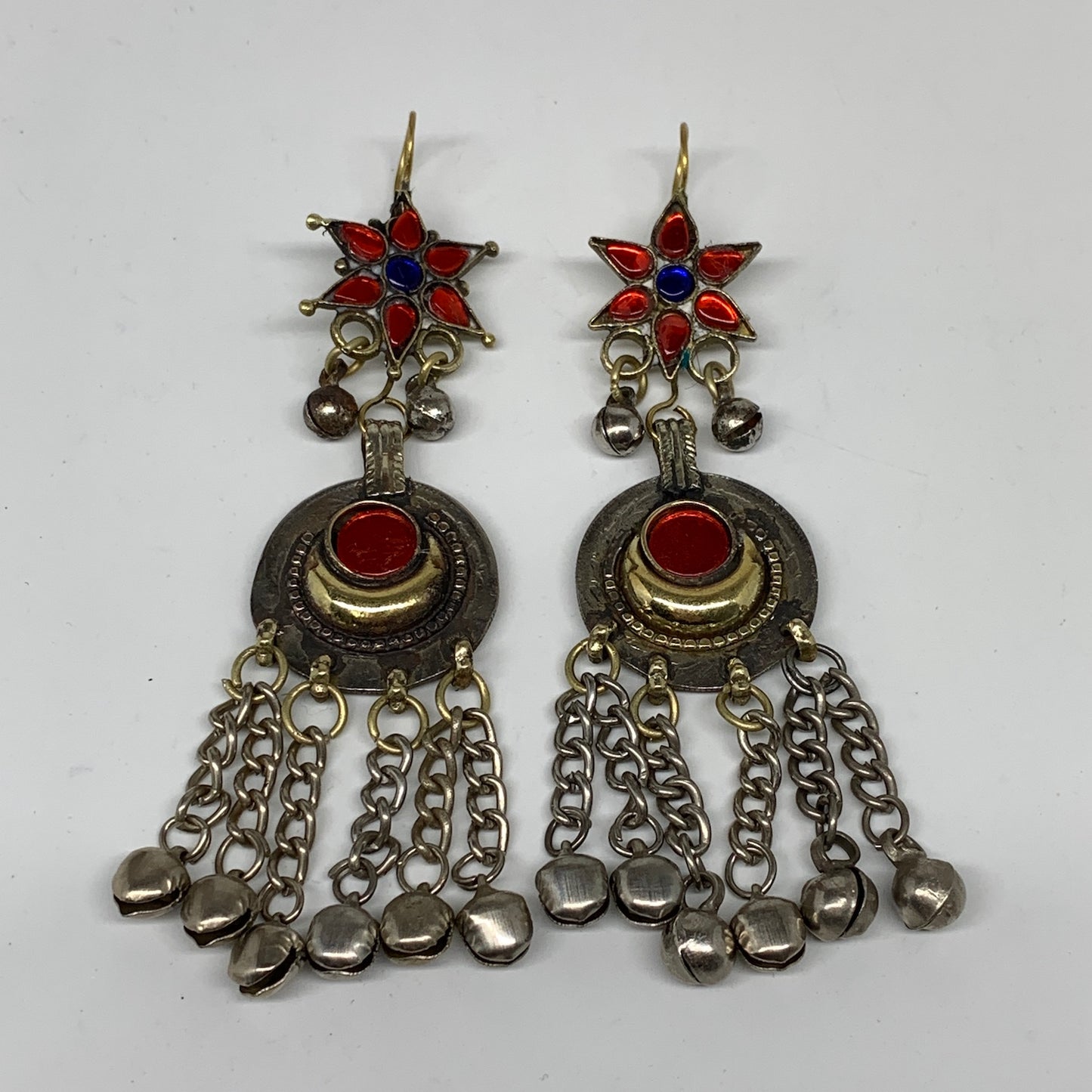 Kuchi Earring Afghan Ethnic Tribal Jingle Bells Red Glass Star, Round  Earring K