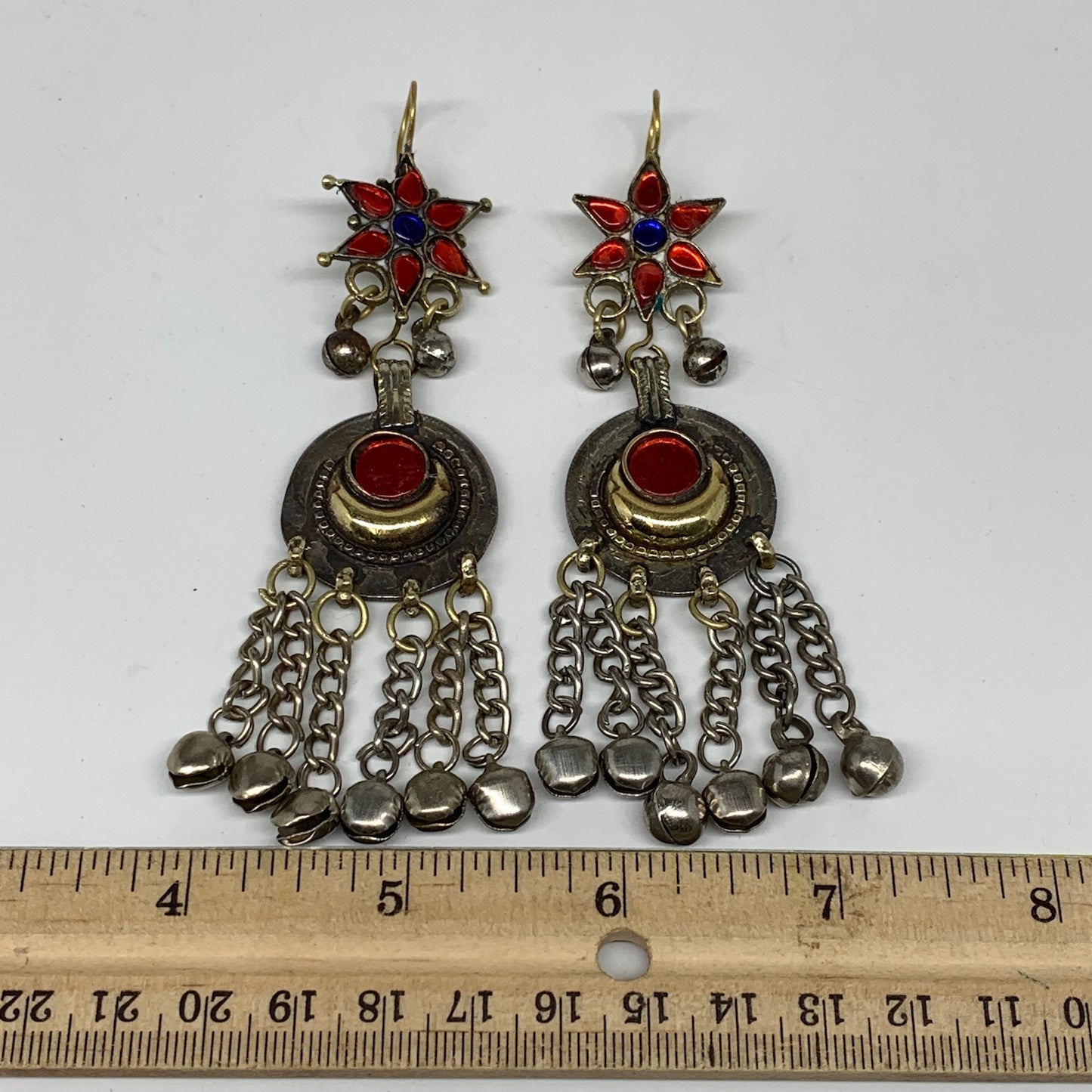 Kuchi Earring Afghan Ethnic Tribal Jingle Bells Red Glass Star, Round  Earring K