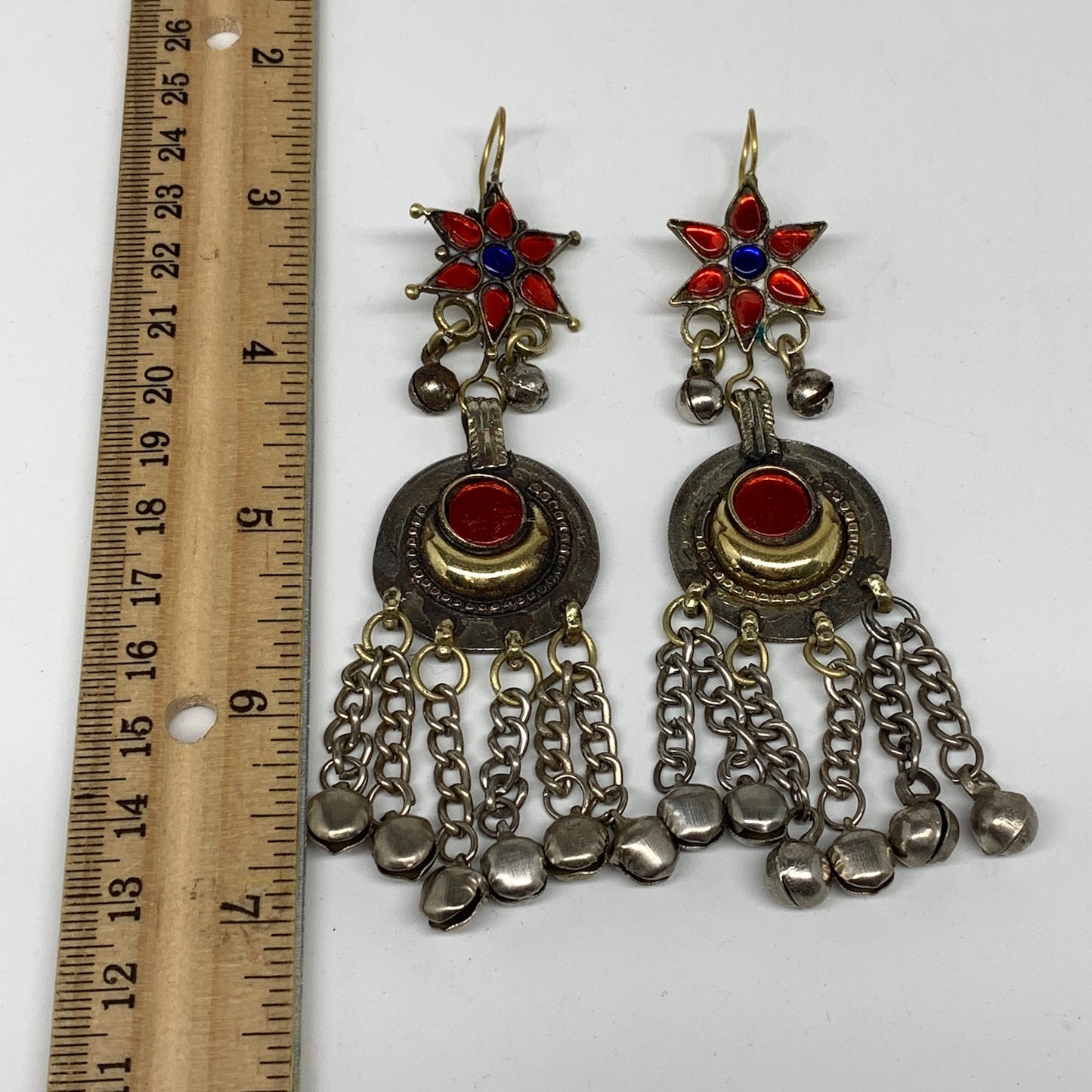 Kuchi Earring Afghan Ethnic Tribal Jingle Bells Red Glass Star, Round  Earring K