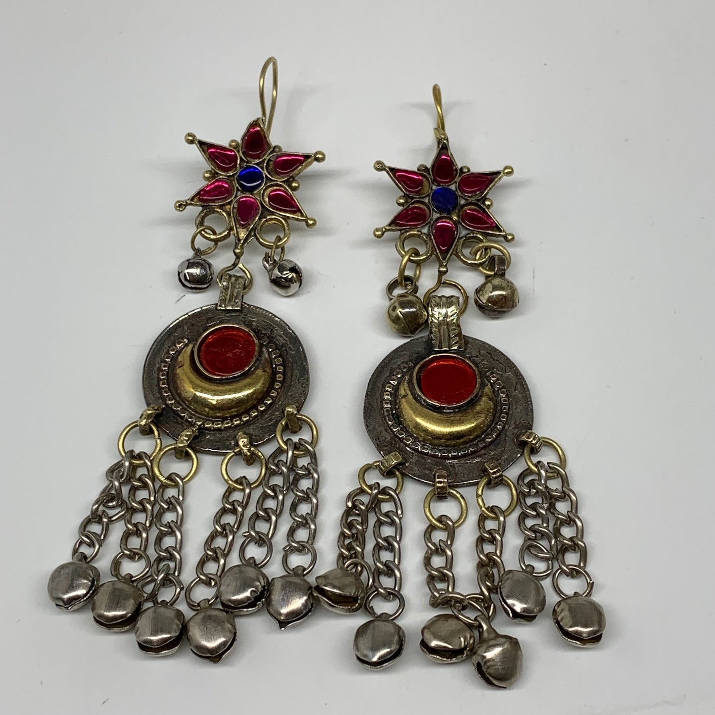 Kuchi Earring Afghan Ethnic Tribal Jingle Bells colorful Glass Star, Round Earri