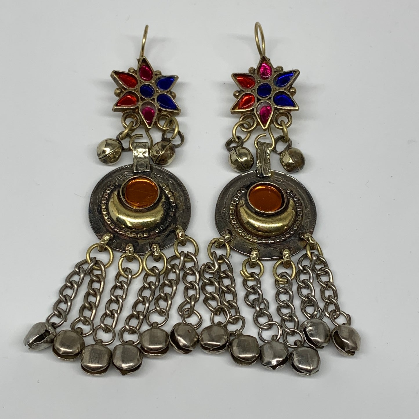 Kuchi Earring Afghan Tribal Ethnic Jingle Bells colorful Glass Star, Round Earri