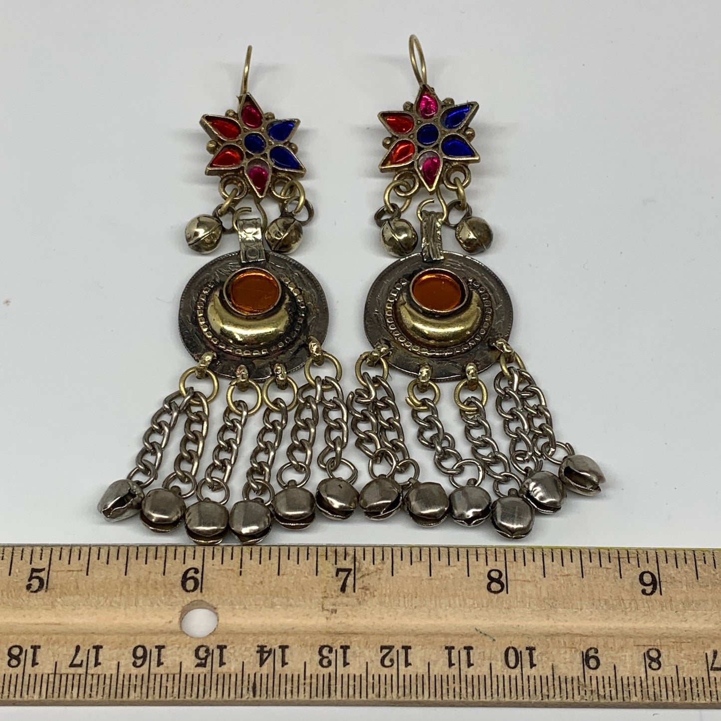 Kuchi Earring Afghan Tribal Ethnic Jingle Bells colorful Glass Star, Round Earri