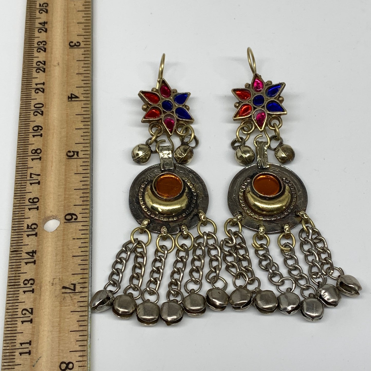 Kuchi Earring Afghan Tribal Ethnic Jingle Bells colorful Glass Star, Round Earri