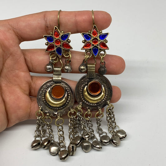 Kuchi Earring Afghan Tribal Ethnic Jingle Bells colorful Glass Star, Round Earri