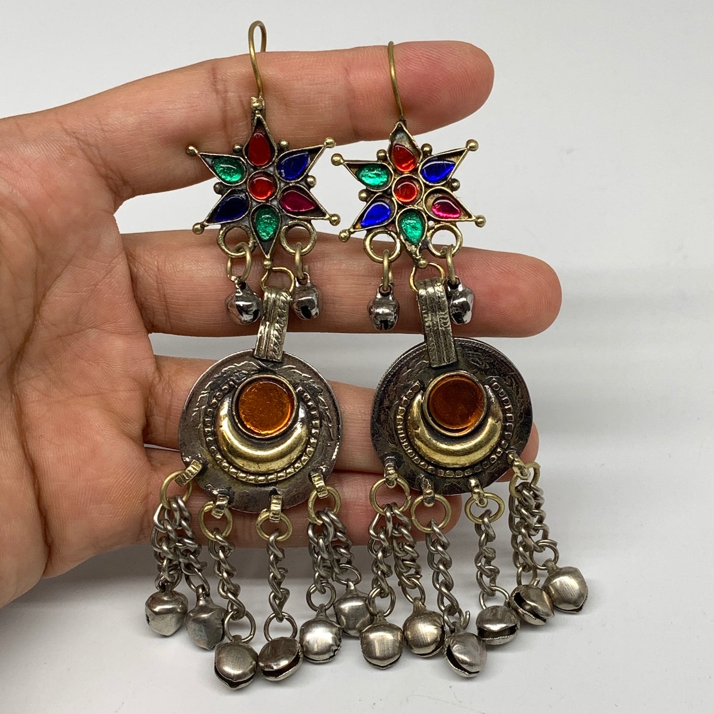 Kuchi Earring Afghan Tribal Ethnic Jingle Bells colorful Glass Star, Round Earri