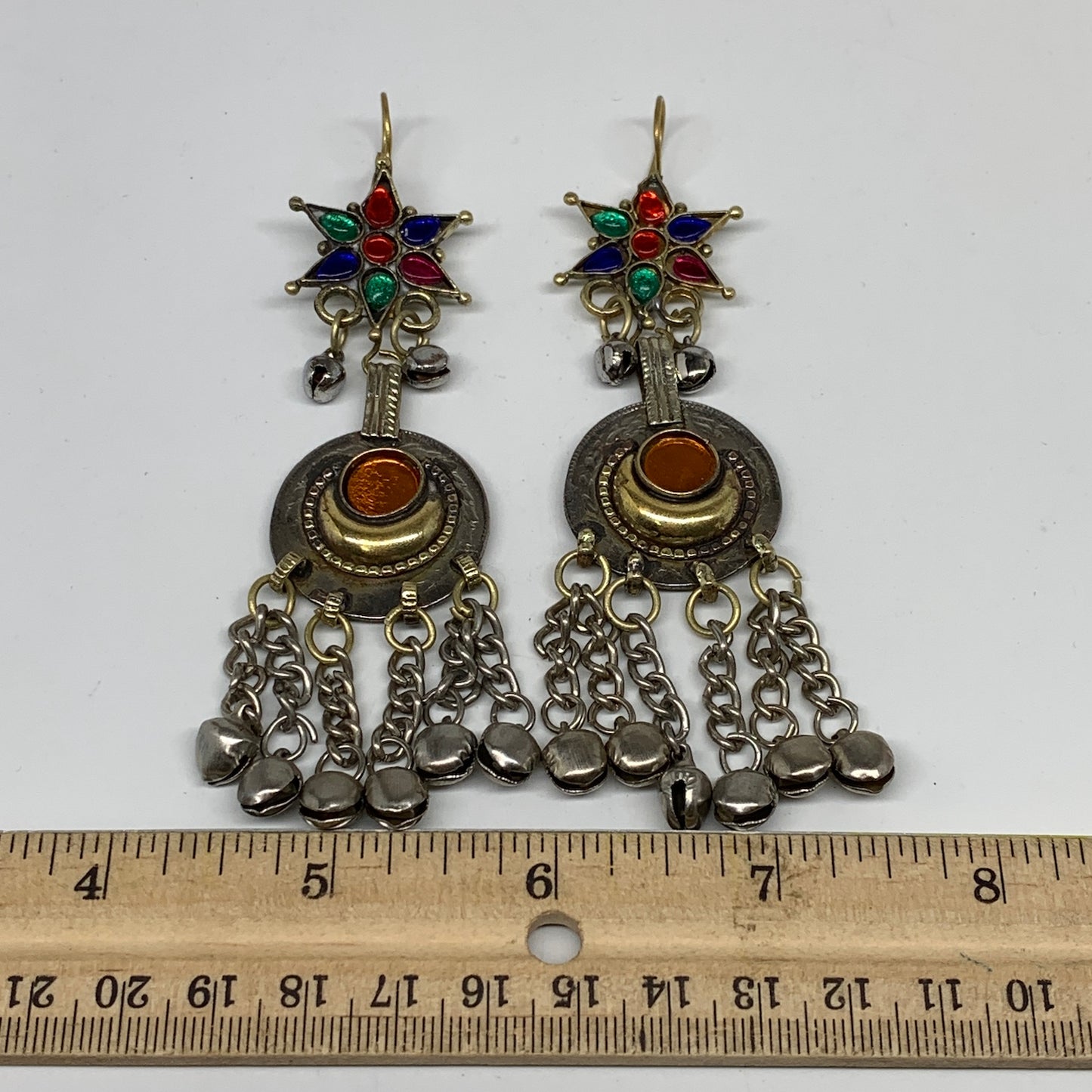 Kuchi Earring Afghan Tribal Ethnic Jingle Bells colorful Glass Star, Round Earri