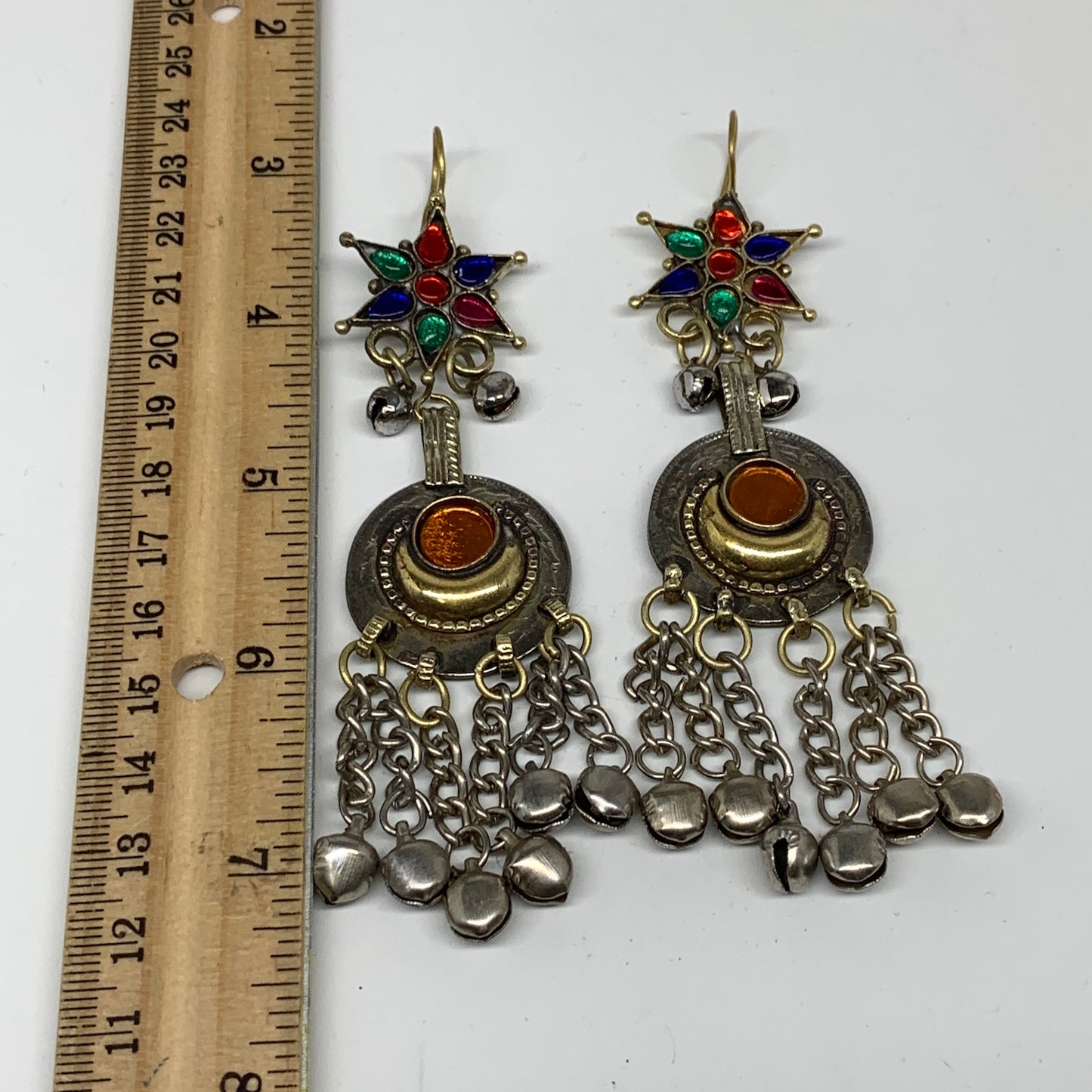 Kuchi Earring Afghan Tribal Ethnic Jingle Bells colorful Glass Star, Round Earri