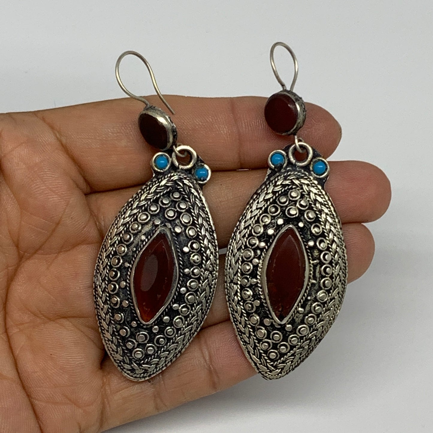 26.9g, 3.1"x1.1" Turkmen Earring Tribal Jewelry Carnelian Marquise Boho, B14221