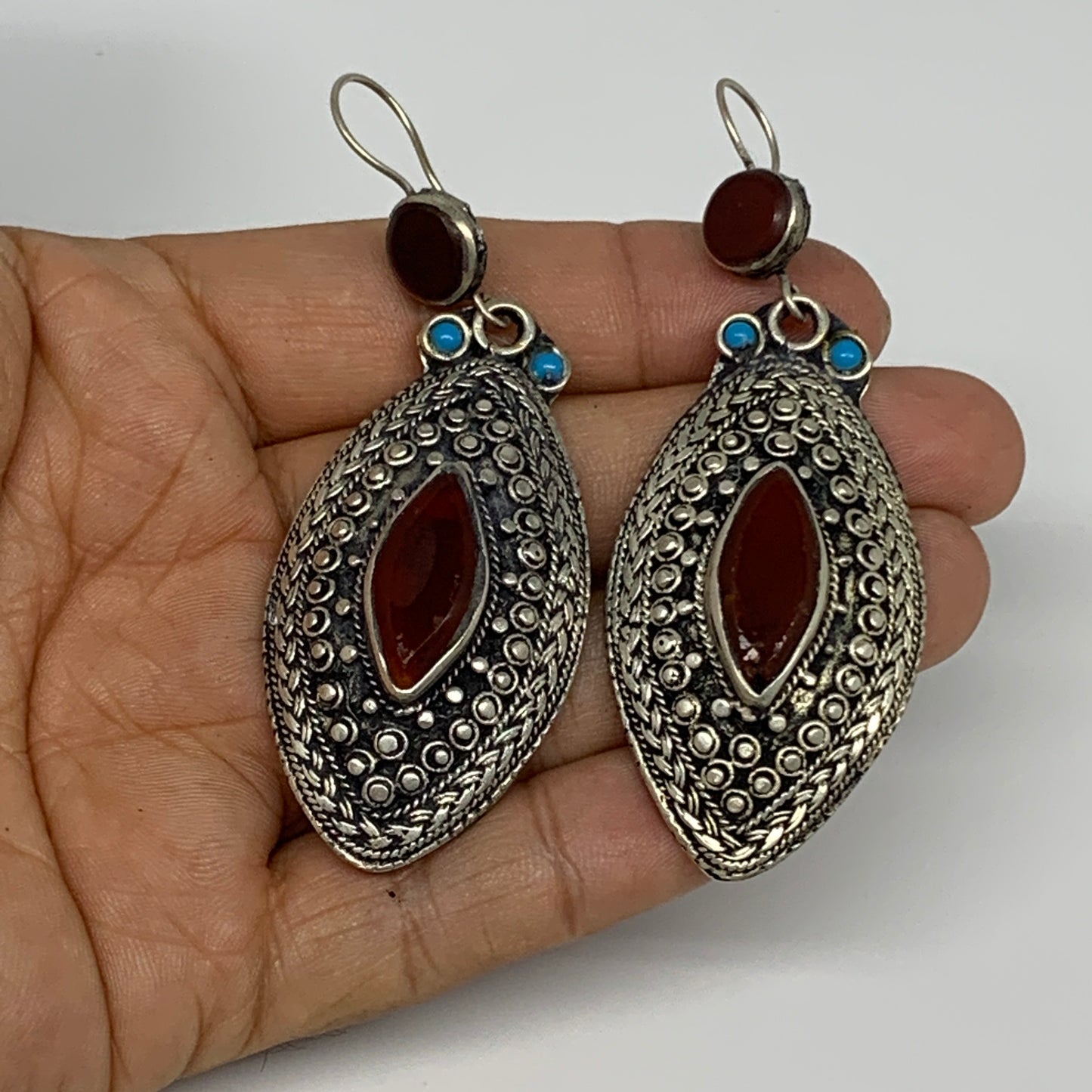 26.9g, 3.1"x1.1" Turkmen Earring Tribal Jewelry Carnelian Marquise Boho, B14221