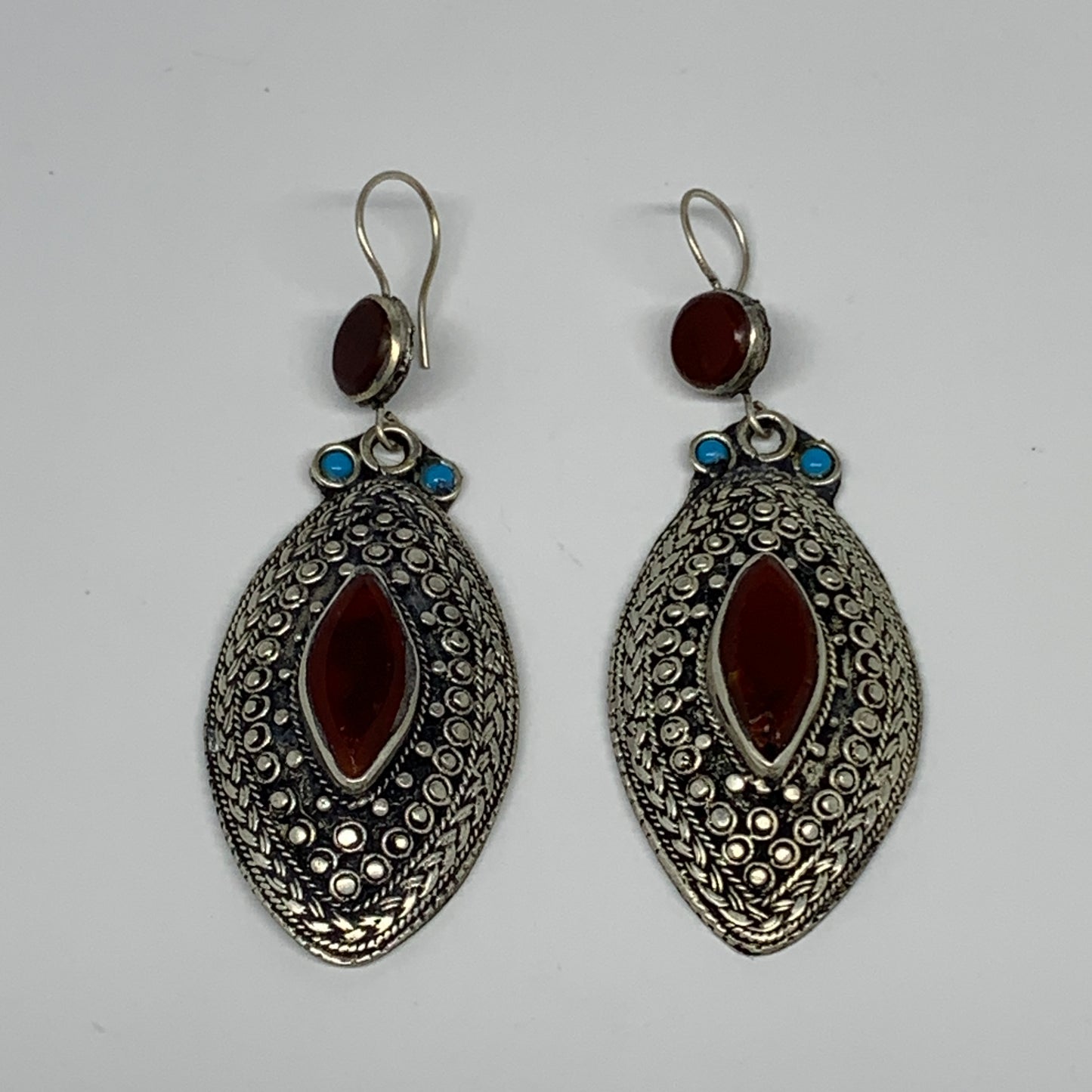 26.9g, 3.1"x1.1" Turkmen Earring Tribal Jewelry Carnelian Marquise Boho, B14221