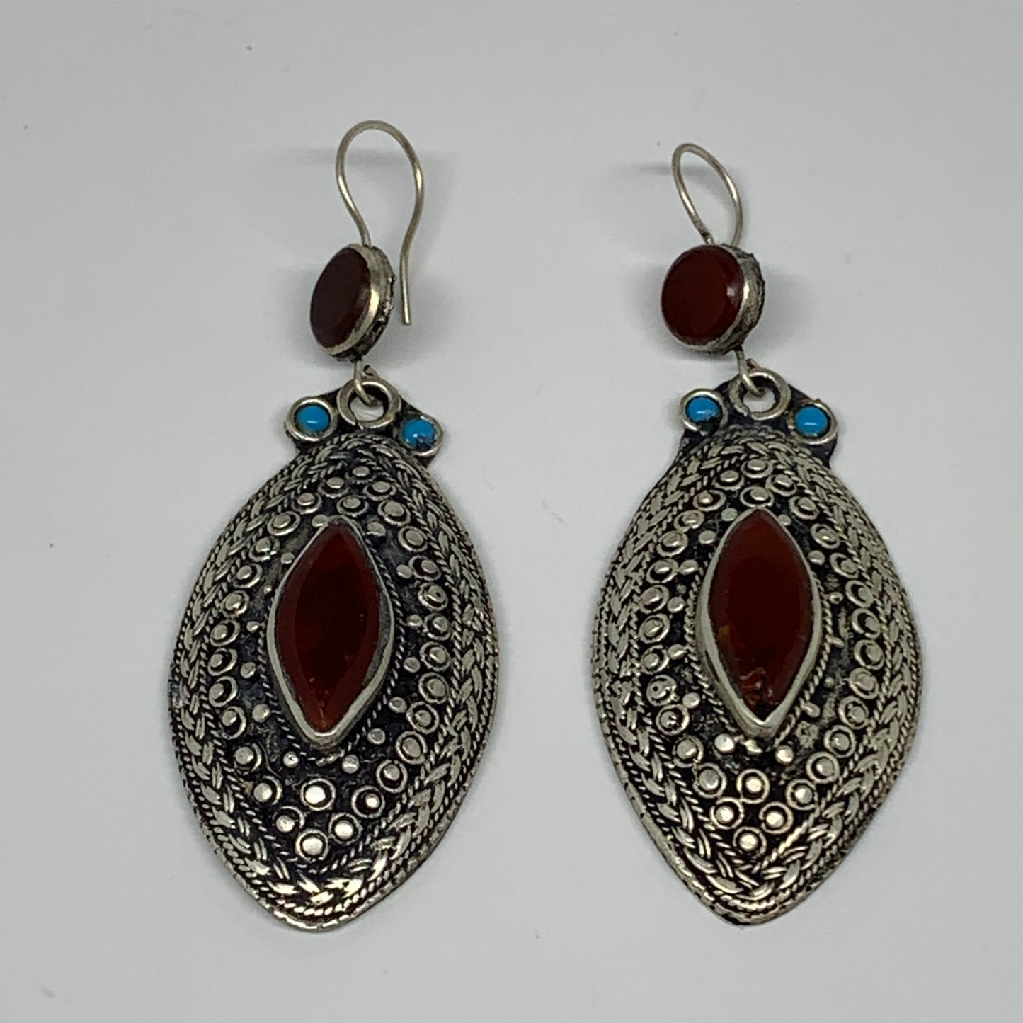 26.9g, 3.1"x1.1" Turkmen Earring Tribal Jewelry Carnelian Marquise Boho, B14221