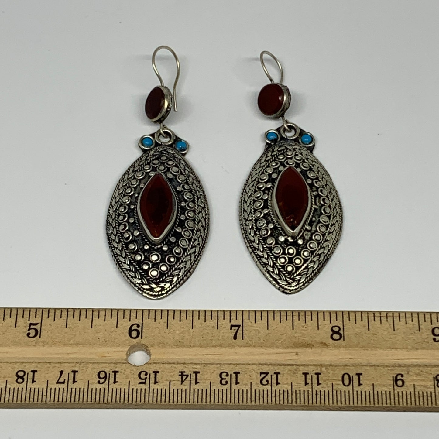 26.9g, 3.1"x1.1" Turkmen Earring Tribal Jewelry Carnelian Marquise Boho, B14221