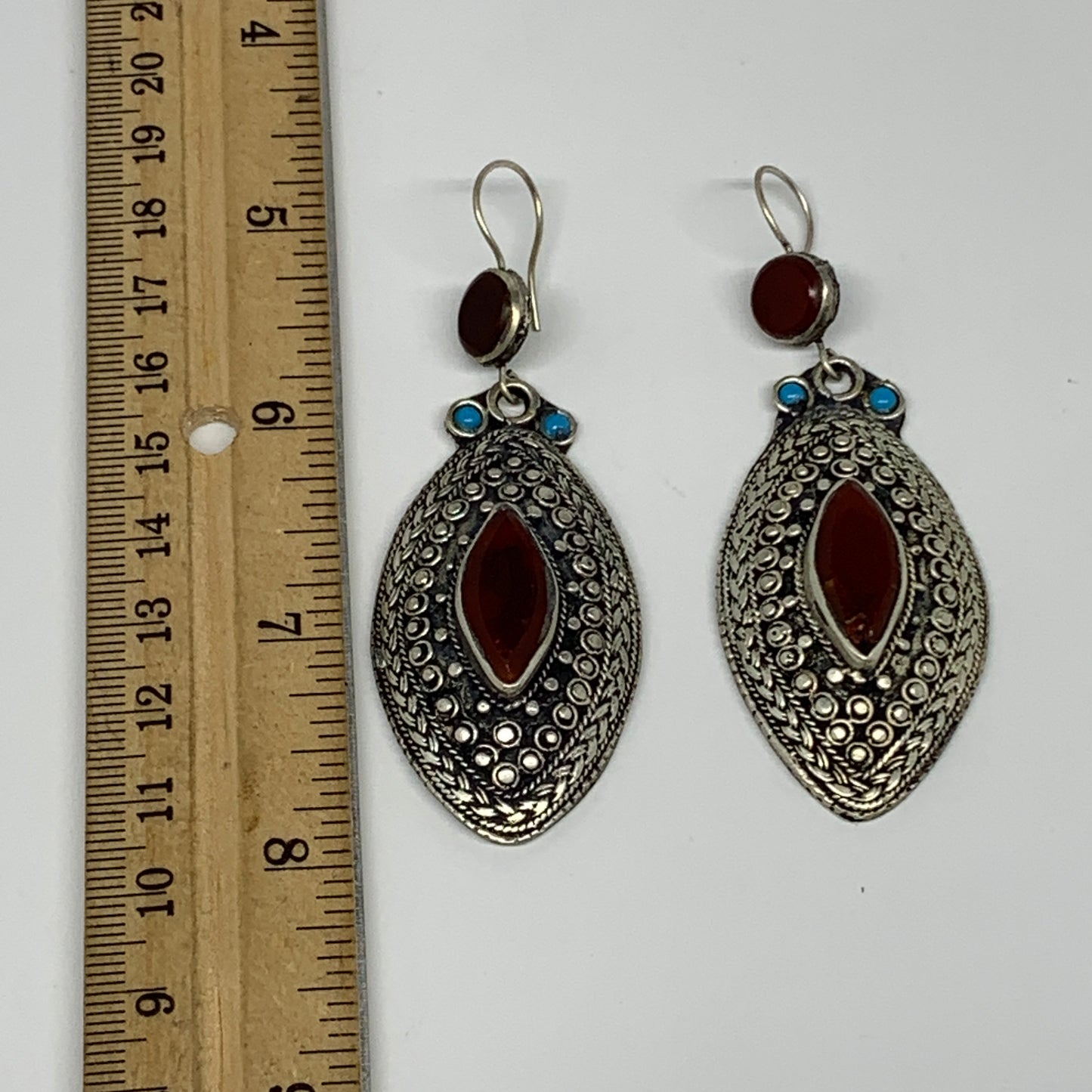 26.9g, 3.1"x1.1" Turkmen Earring Tribal Jewelry Carnelian Marquise Boho, B14221