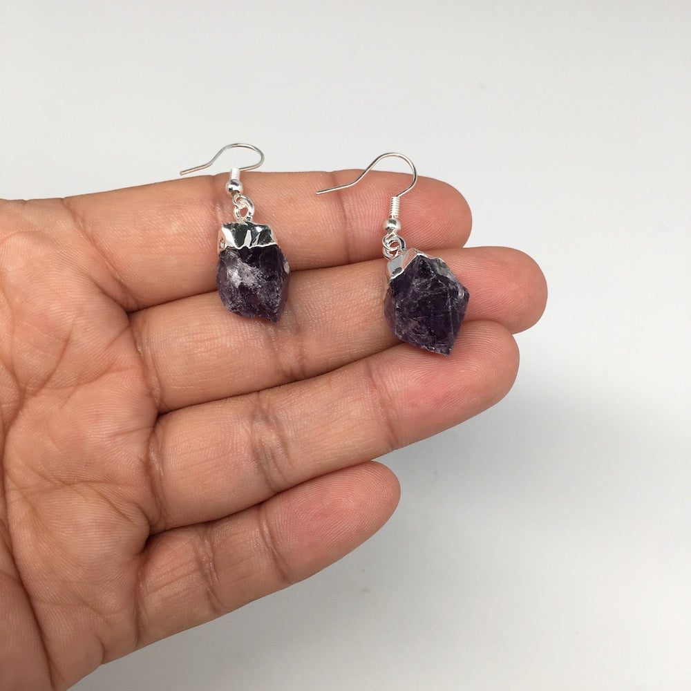 31.5cts,1.5"Gorgeous Natural Rough Amethyst Silver Plated Earring @Brazil,BE266 - watangem.com