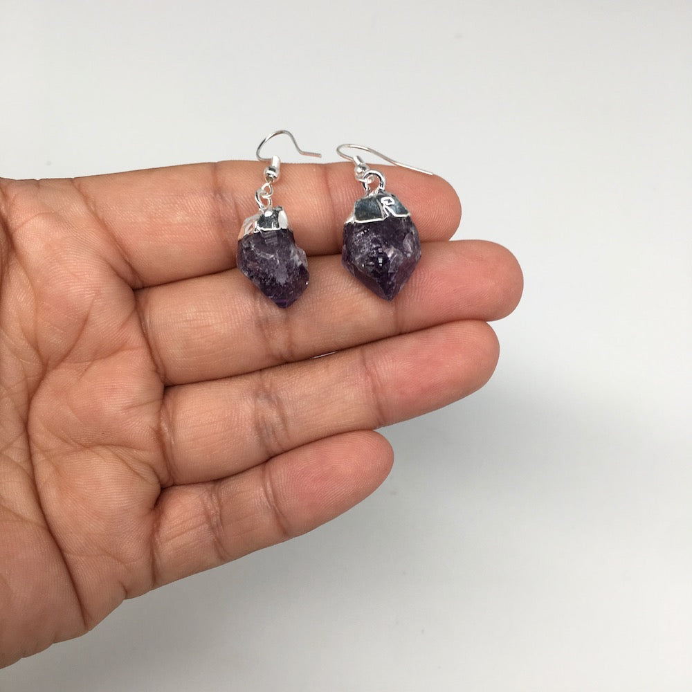 31.5cts,1.5"Gorgeous Natural Rough Amethyst Silver Plated Earring @Brazil,BE266 - watangem.com