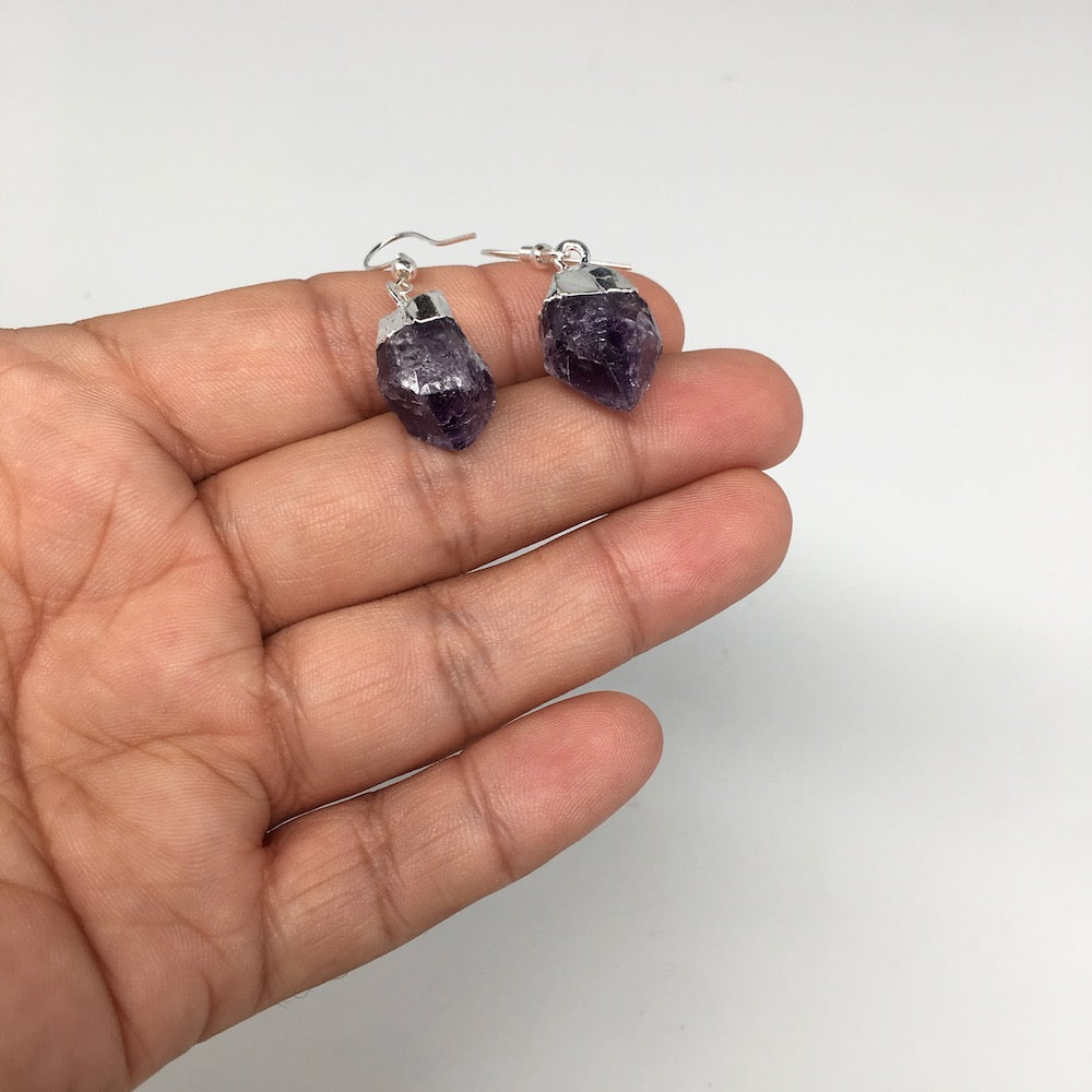 31.5cts,1.5"Gorgeous Natural Rough Amethyst Silver Plated Earring @Brazil,BE266 - watangem.com