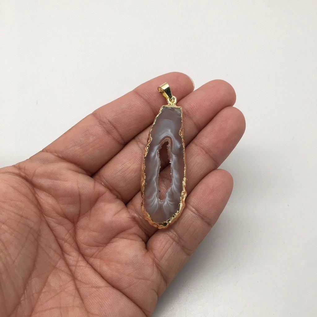 35 Cts Agate Druzy Slice Geode Gold Plated Pendant Handmade from Brazil,Bp840