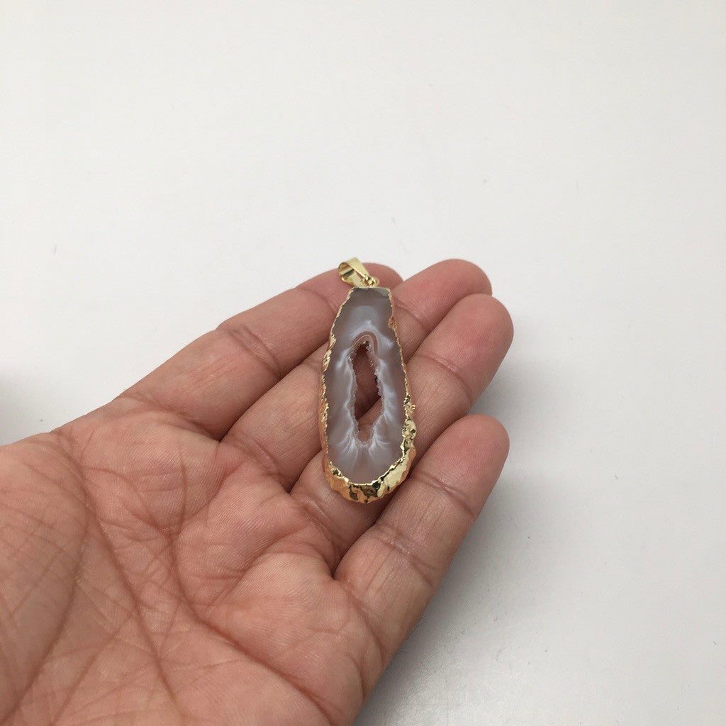 35 Cts Agate Druzy Slice Geode Gold Plated Pendant Handmade from Brazil,Bp840