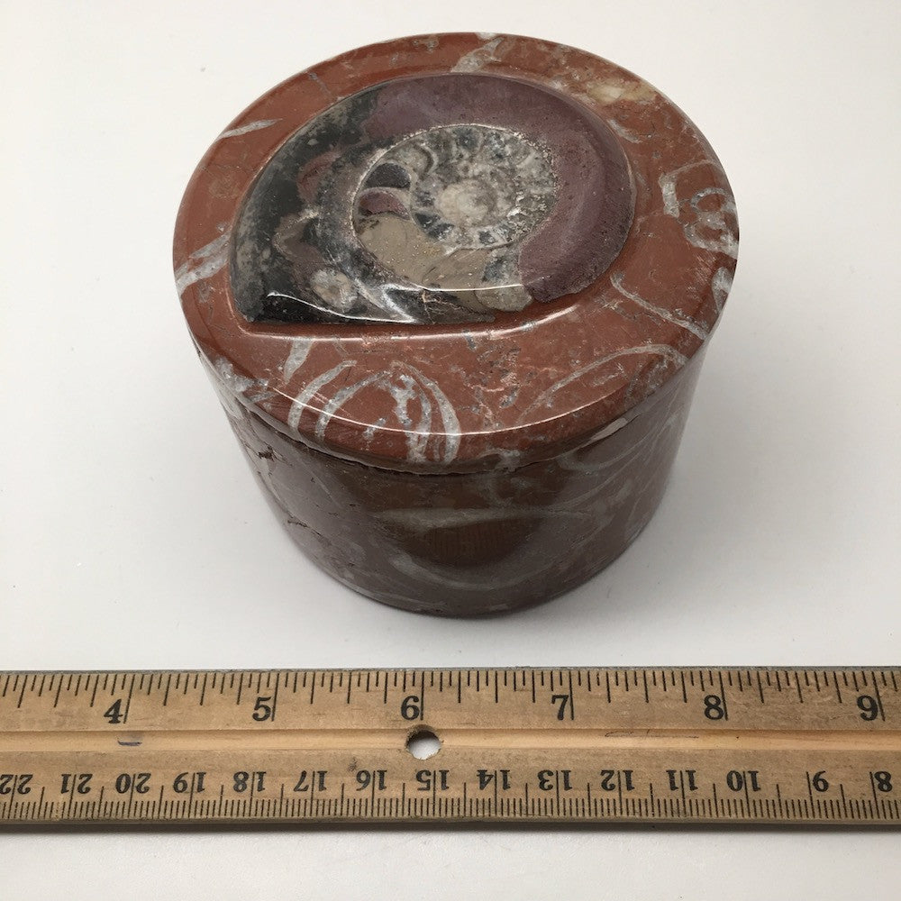 520g, 2.5"x3.4" Round Shape Fossils Ammonite Red Jewelry Box @Morocco, MF1017 - watangem.com