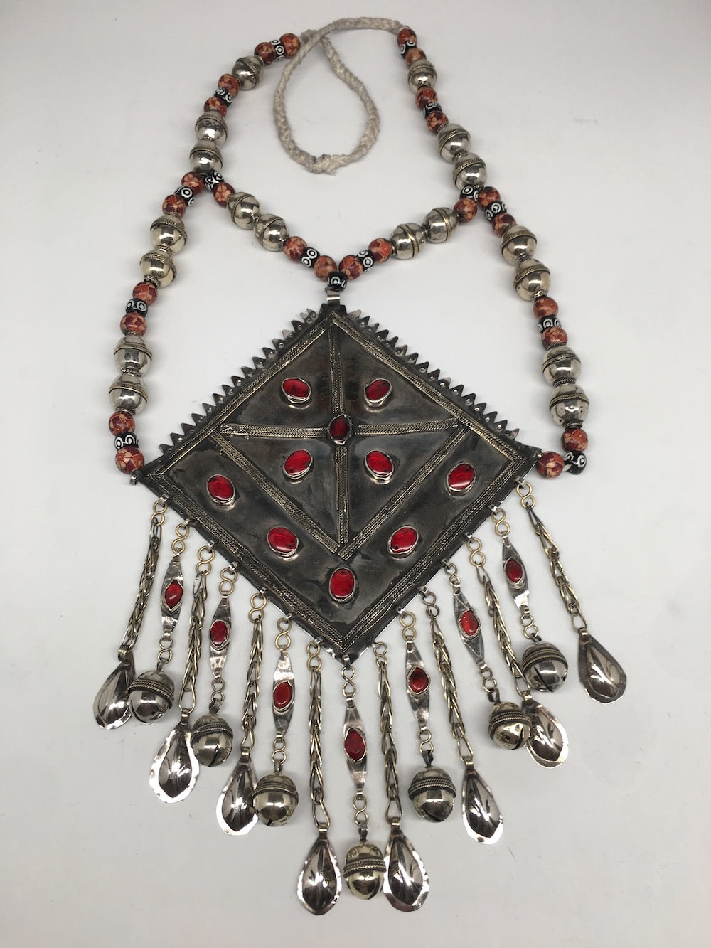 Old Vintage Afghan Tribal Huge Turkmen Marquise Pendant Necklace beaded, TN255