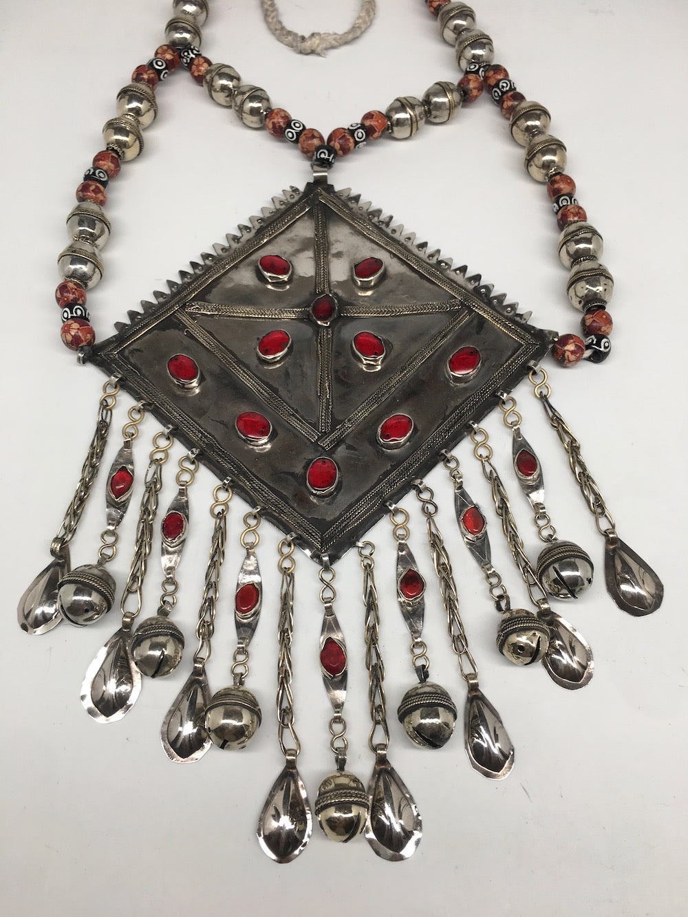 Old Vintage Afghan Tribal Huge Turkmen Marquise Pendant Necklace beaded, TN255