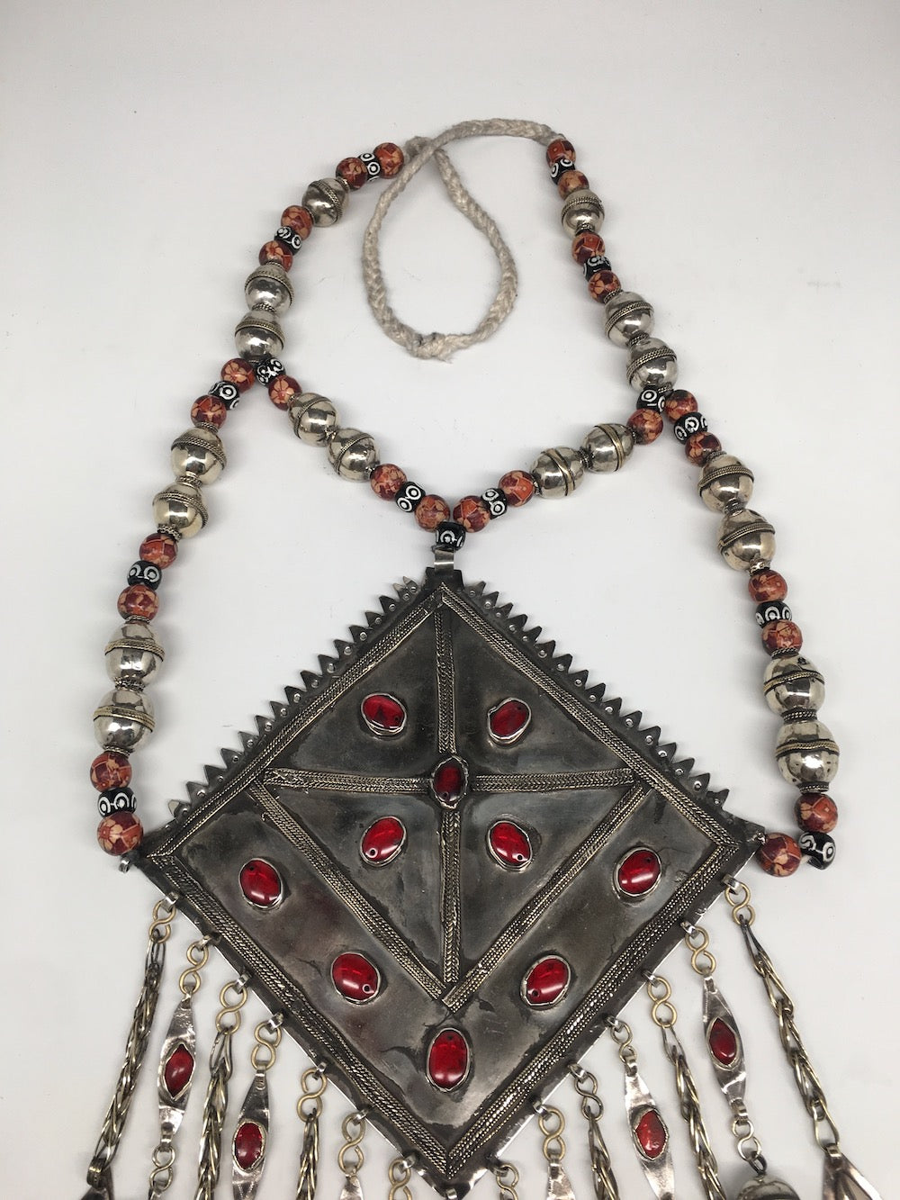 Old Vintage Afghan Tribal Huge Turkmen Marquise Pendant Necklace beaded, TN255