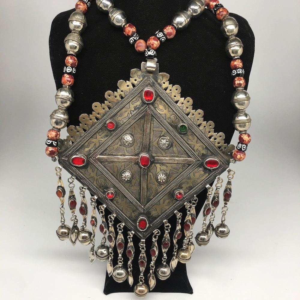 Old Vintage Afghan Huge Turkmen Marquise Pendant Necklace Gold-Gilded,TN256