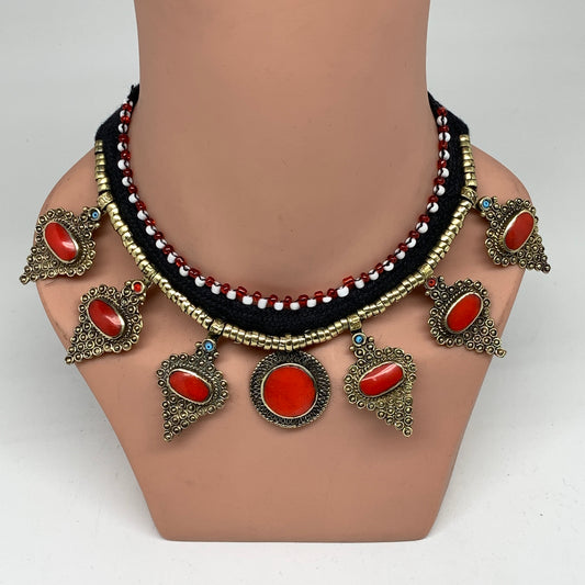 Turkmen Choker Necklace Vintage Afghan Red Coral Inlay Kuchi Bib Boho Choker CN2